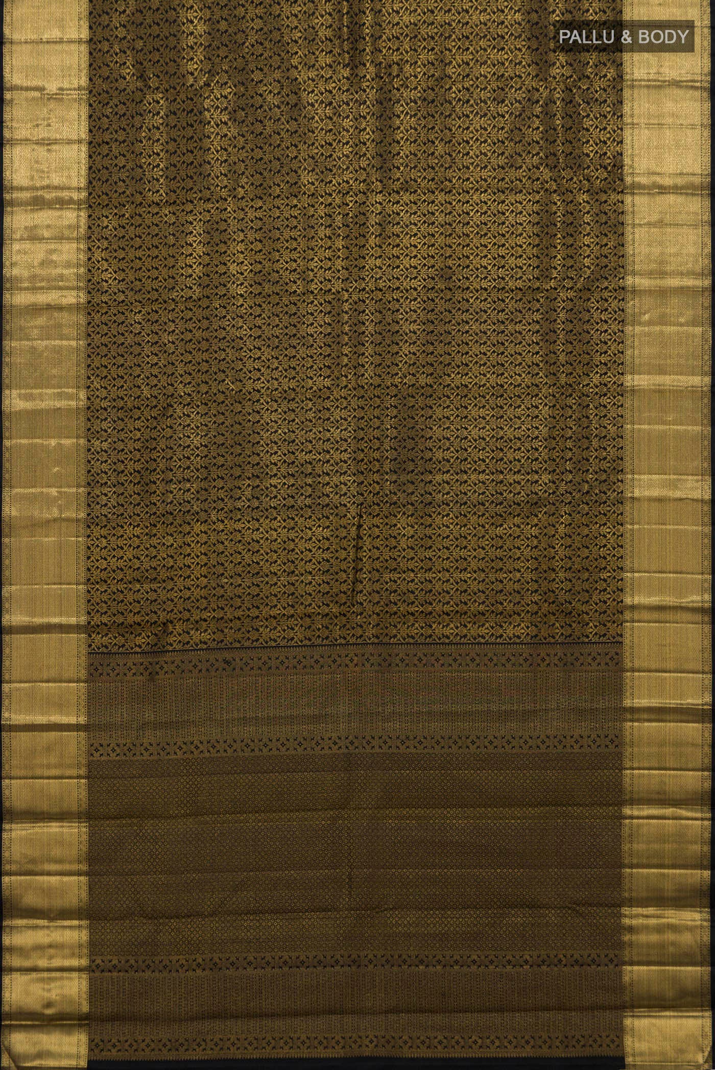 Flat view of Black Kanchipuram Silk Saree with Zari Brocade on the body and Zari Border. 