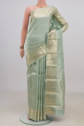 Pure Silk Light Blue Kanchipuram Saree with Zari Brocade on the body and Zari Border.  displayed on a mannequin