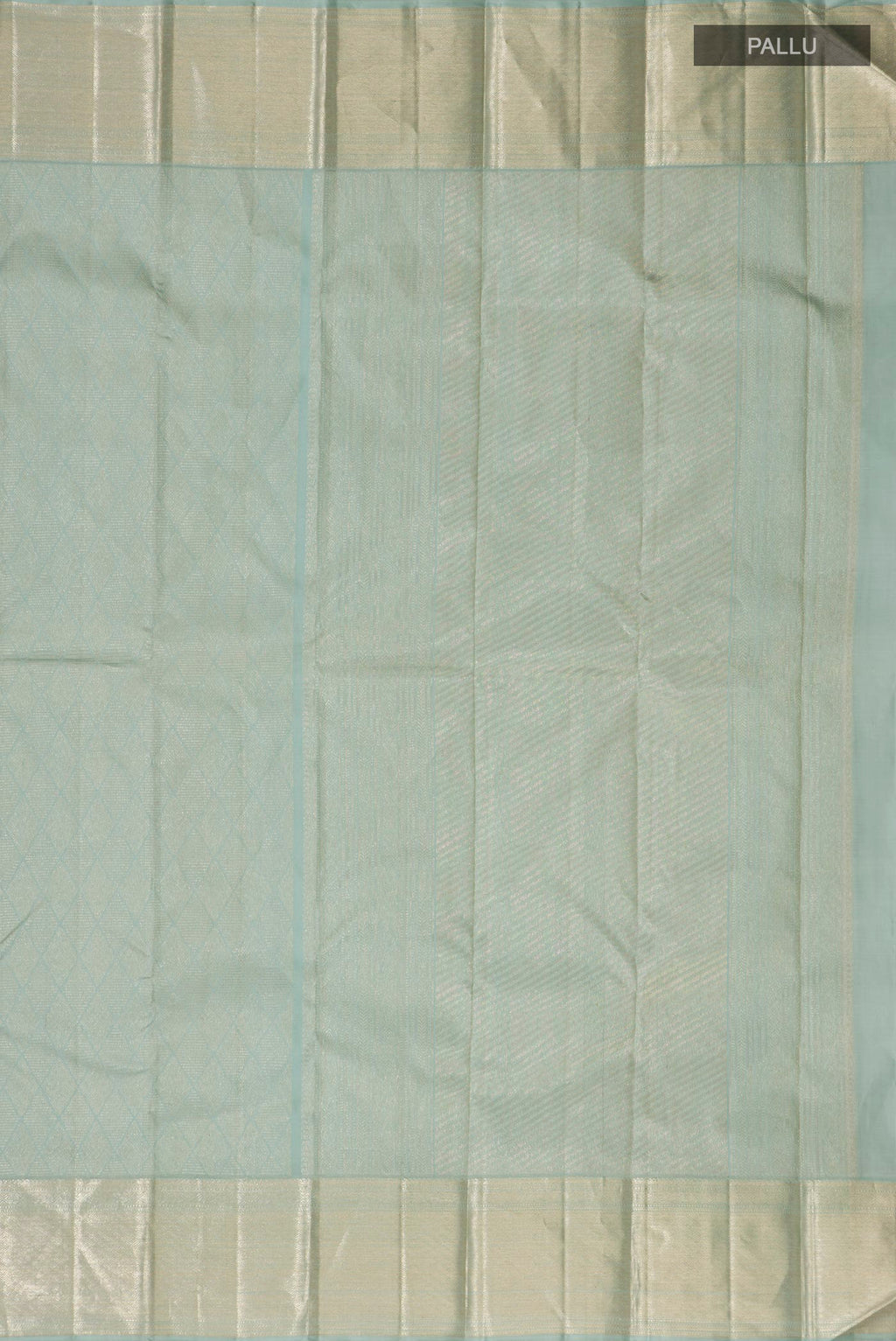 Close up image of the pallu of Pure Silk Light Blue Kanchipuram Saree with Zari Brocade on the body and Zari Border. 