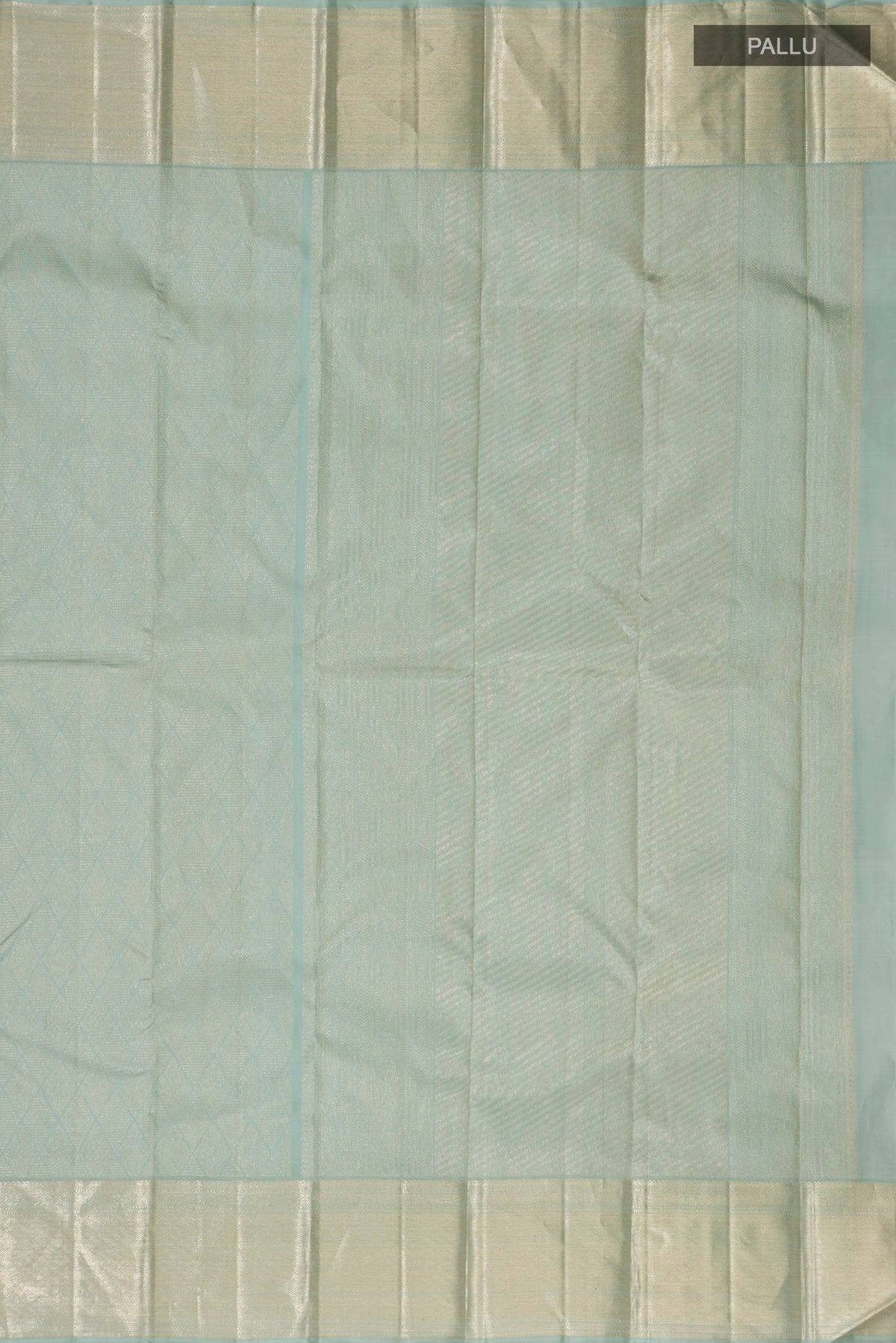 Close up image of the pallu of Pure Silk Light Blue Kanchipuram Saree with Zari Brocade on the body and Zari Border. 