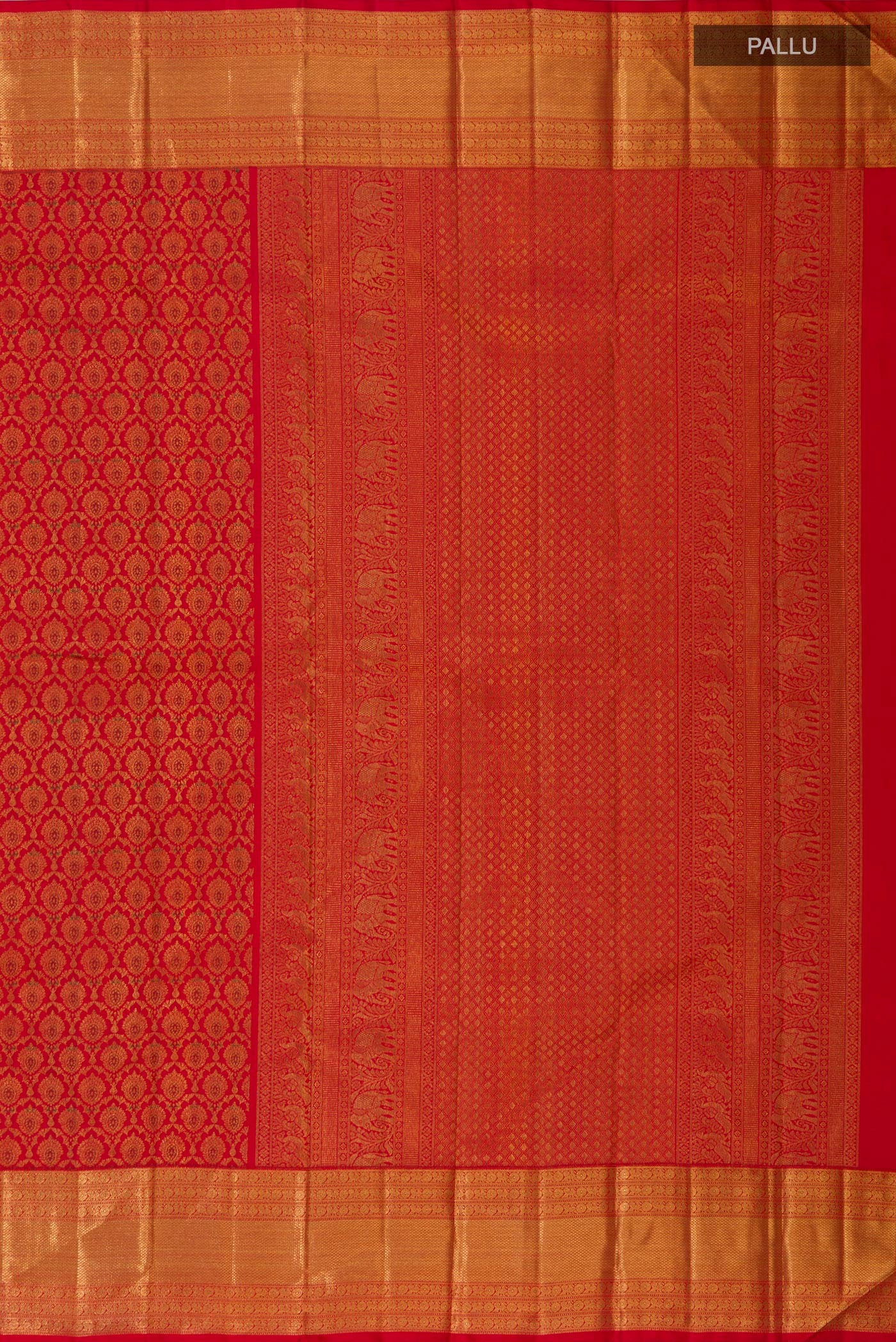 Close up image of the pallu of Red Kanchipuram Silk Saree with Zari Brocade on the body and Zari Border. 