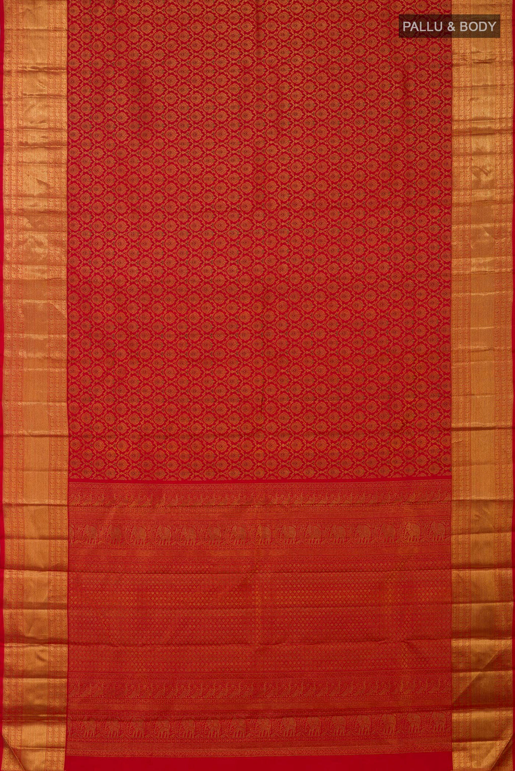 Flat view of Red Kanchipuram Silk Saree with Zari Brocade on the body and Zari Border. 