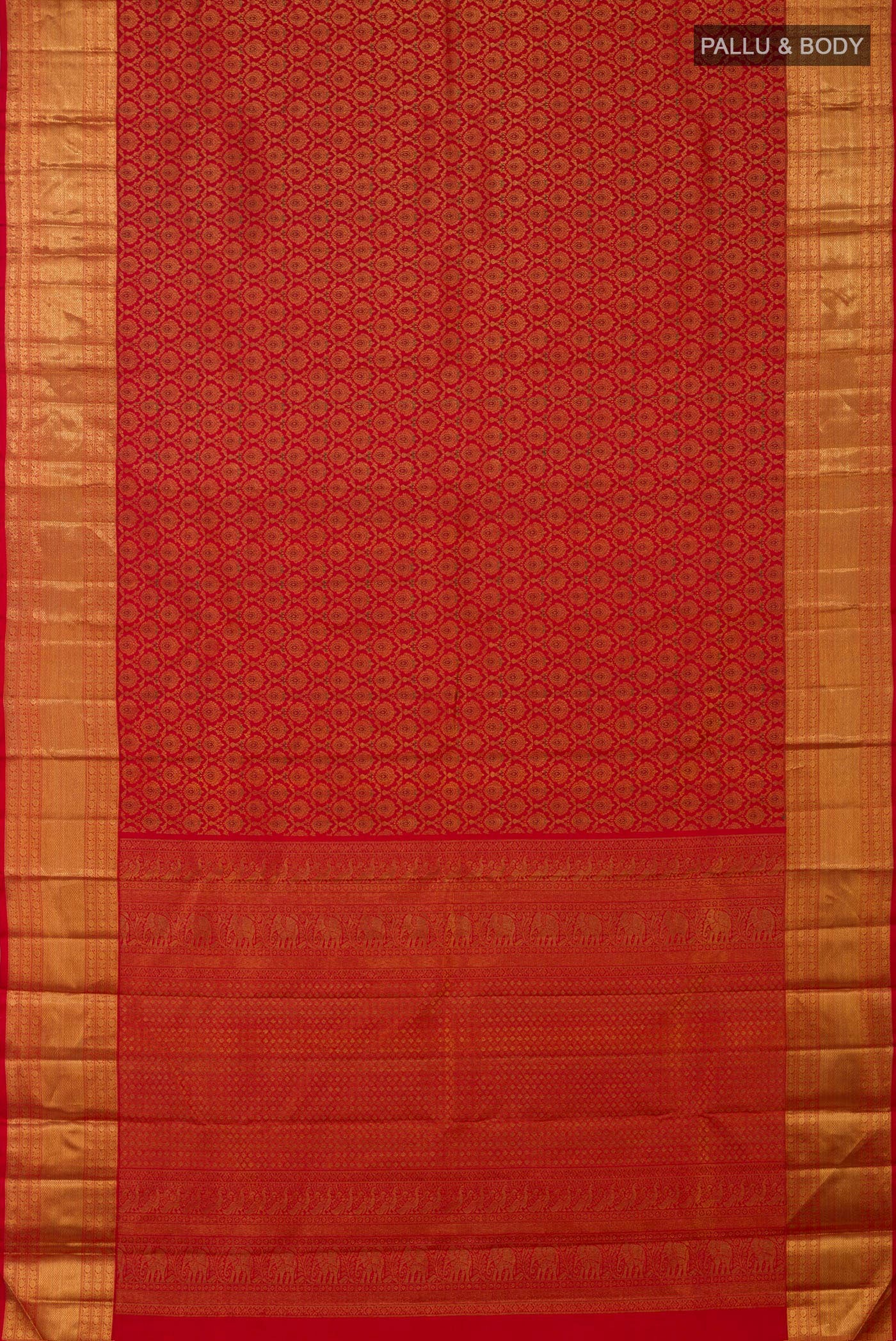 Flat view of Red Kanchipuram Silk Saree with Zari Brocade on the body and Zari Border. 