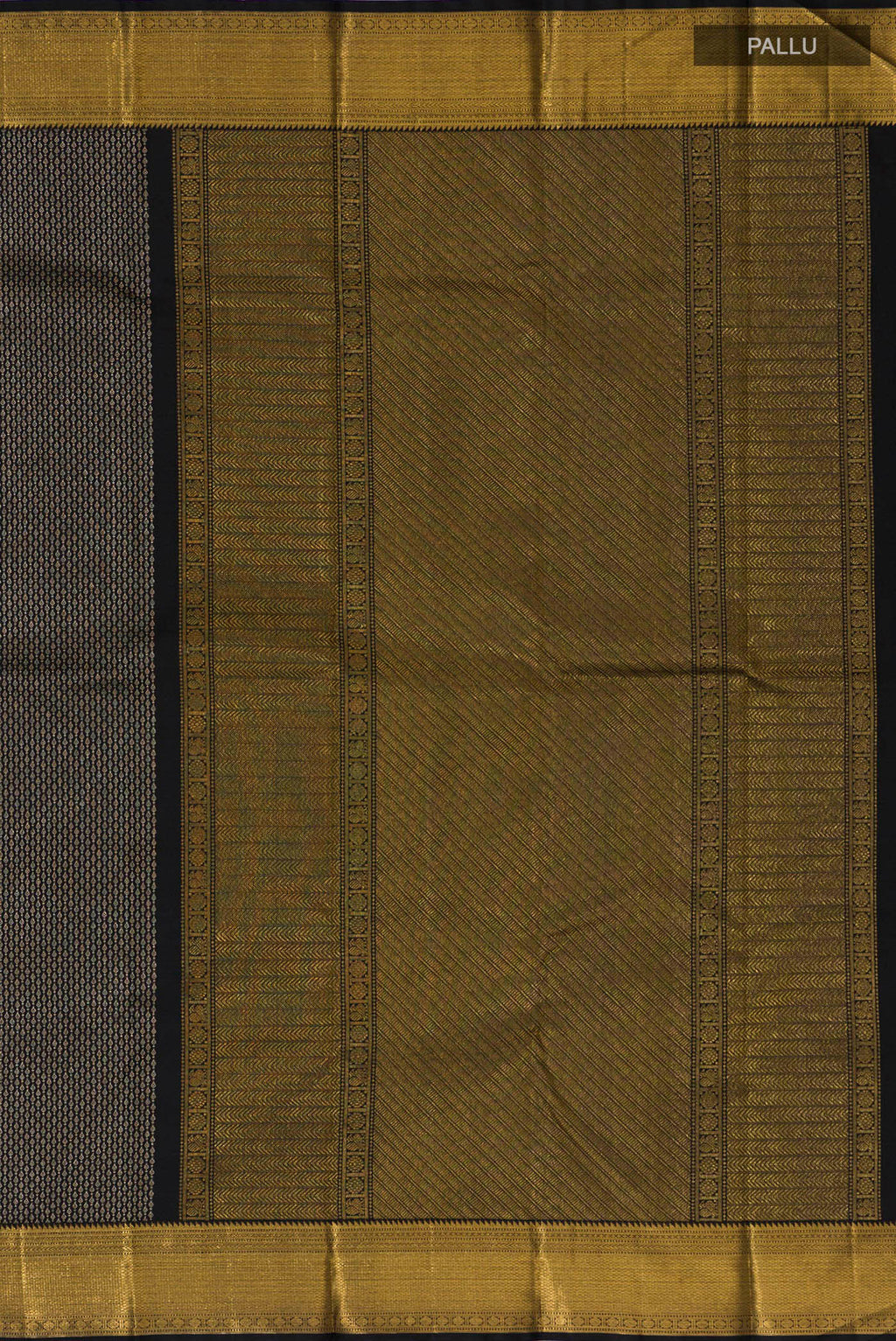 Close up image of the pallu of Pure Silk Black Kanchipuram Saree with Zari Brocade on the body and Zari Border. 
