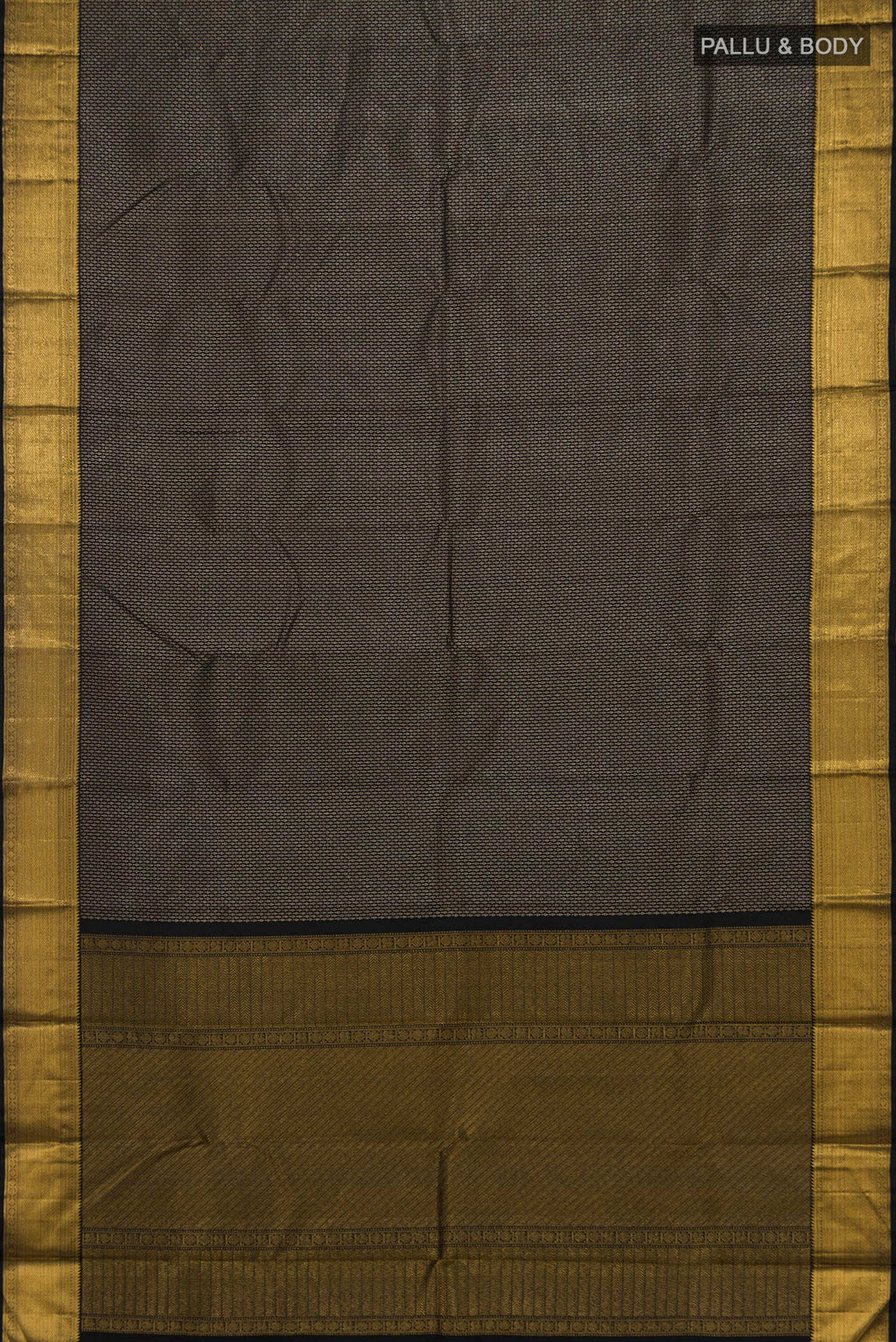 Flat view of Pure Silk Black Kanchipuram Saree with Zari Brocade on the body and Zari Border. 