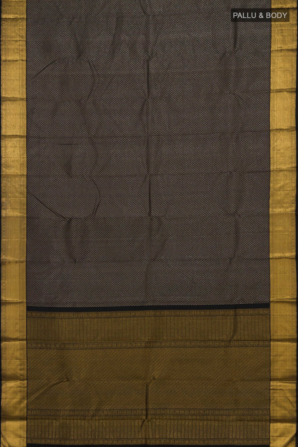 Flat view of Pure Silk Black Kanchipuram Saree with Zari Brocade on the body and Zari Border. 
