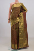 Pure Silk Green with Brown Color Kanchipuram Saree with Zari Brocade on the body and Zari Border.  displayed on a mannequin