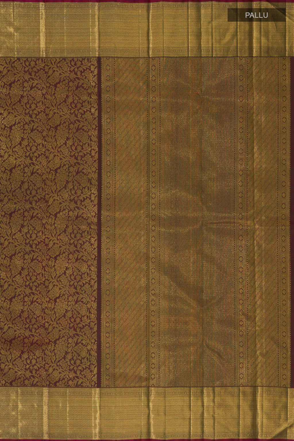 Close up image of the pallu of Pure Silk Green with Brown Color Kanchipuram Saree with Zari Brocade on the body and Zari Border. 