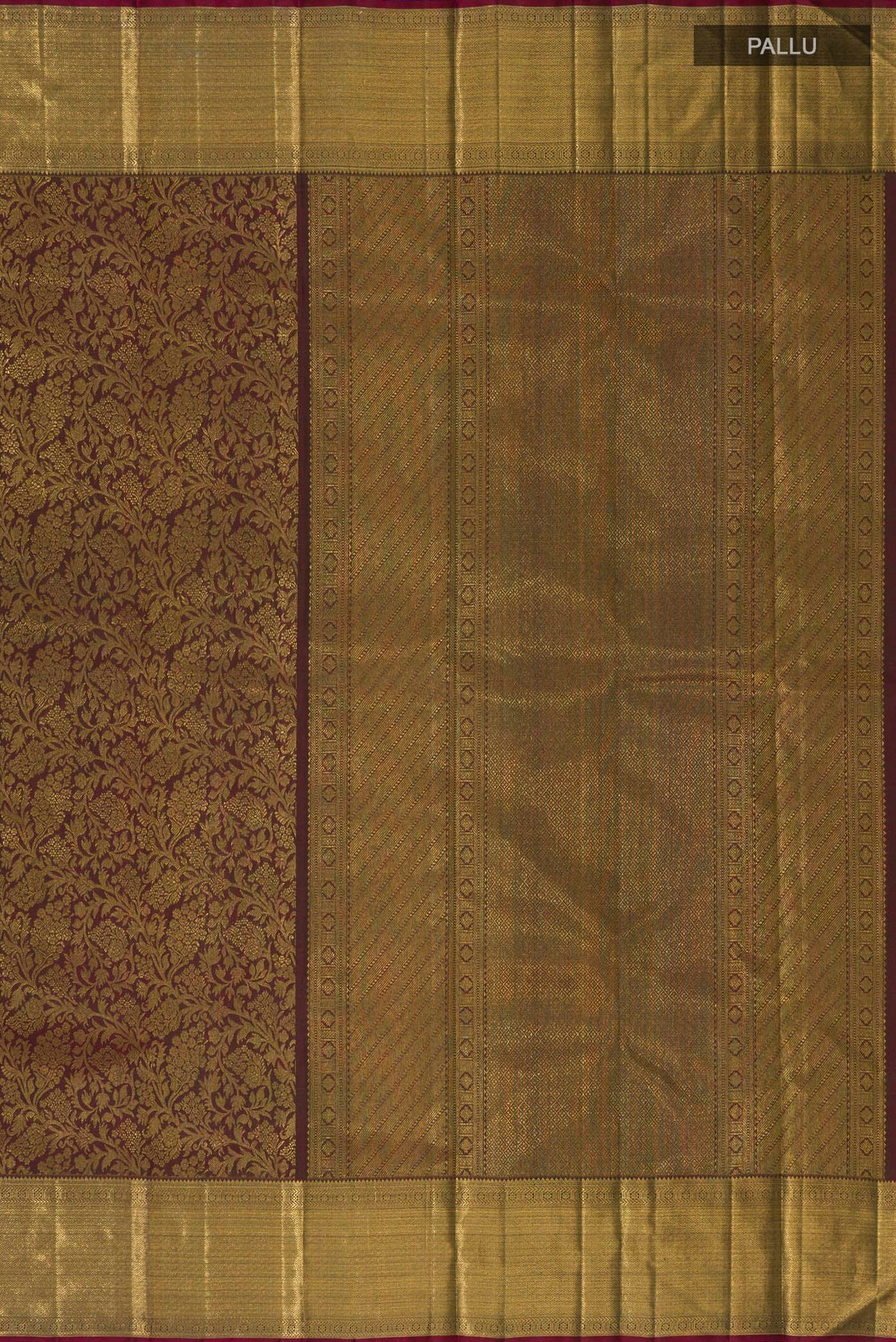 Close up image of the pallu of Pure Silk Green with Brown Color Kanchipuram Saree with Zari Brocade on the body and Zari Border. 