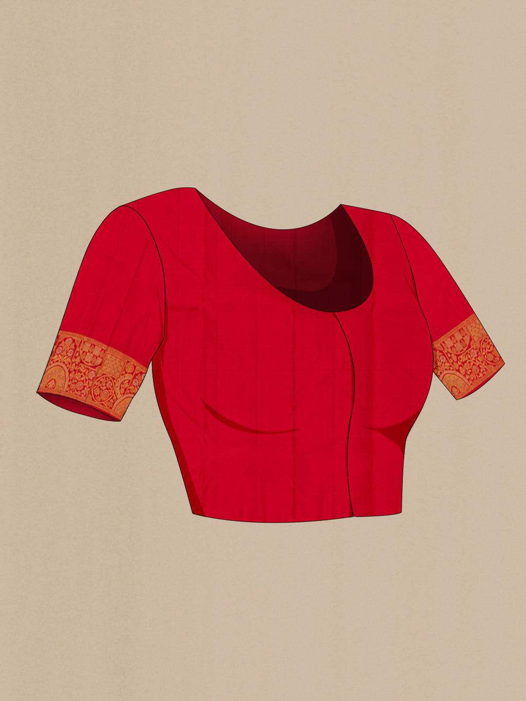 Close up image of the blouse of Red Kanjivaram Silk Saree with Zari Brocade on the body and Fancy Border. 