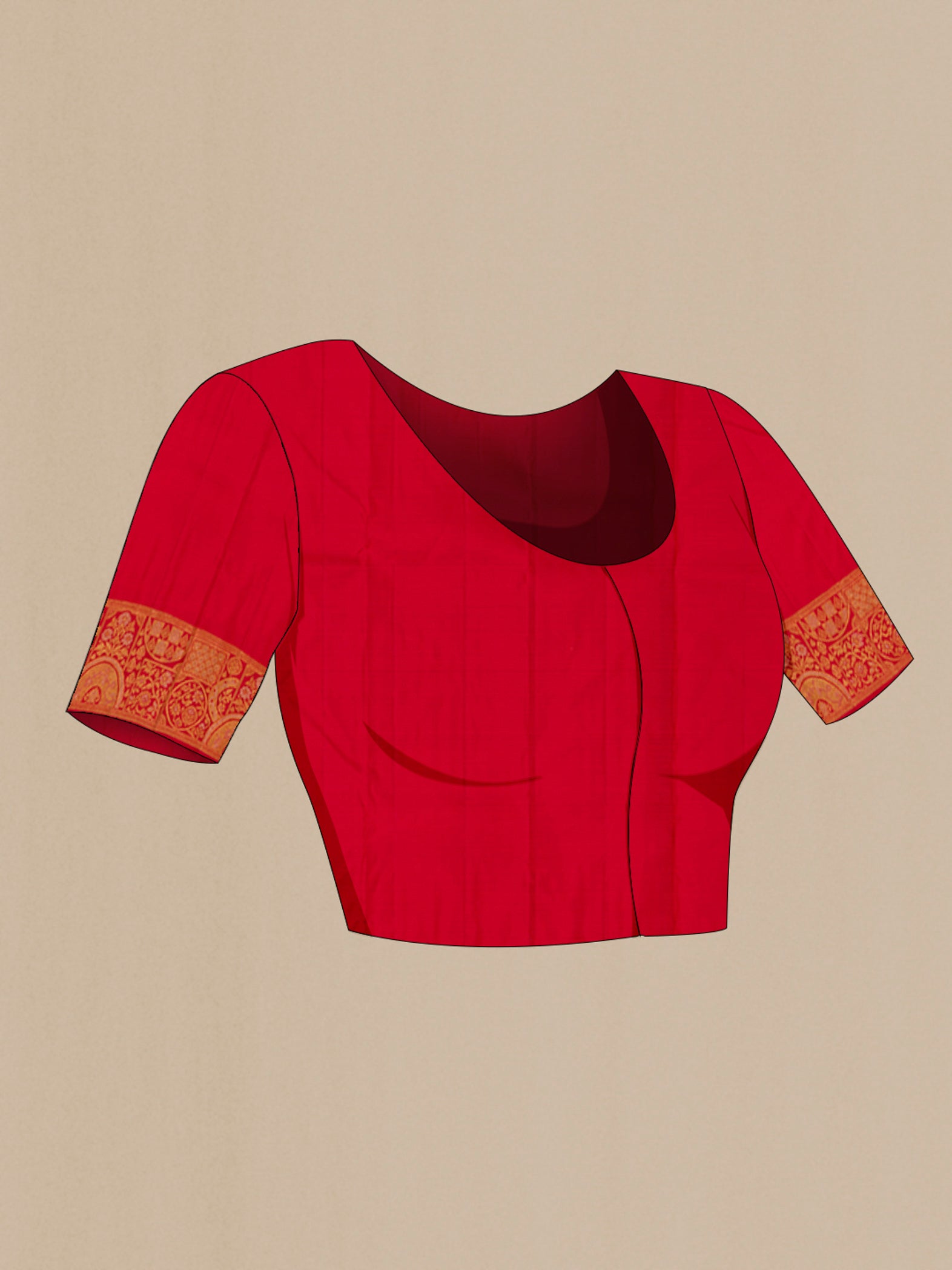 Close up image of the blouse of Red Kanjivaram Silk Saree with Zari Brocade on the body and Fancy Border. 
