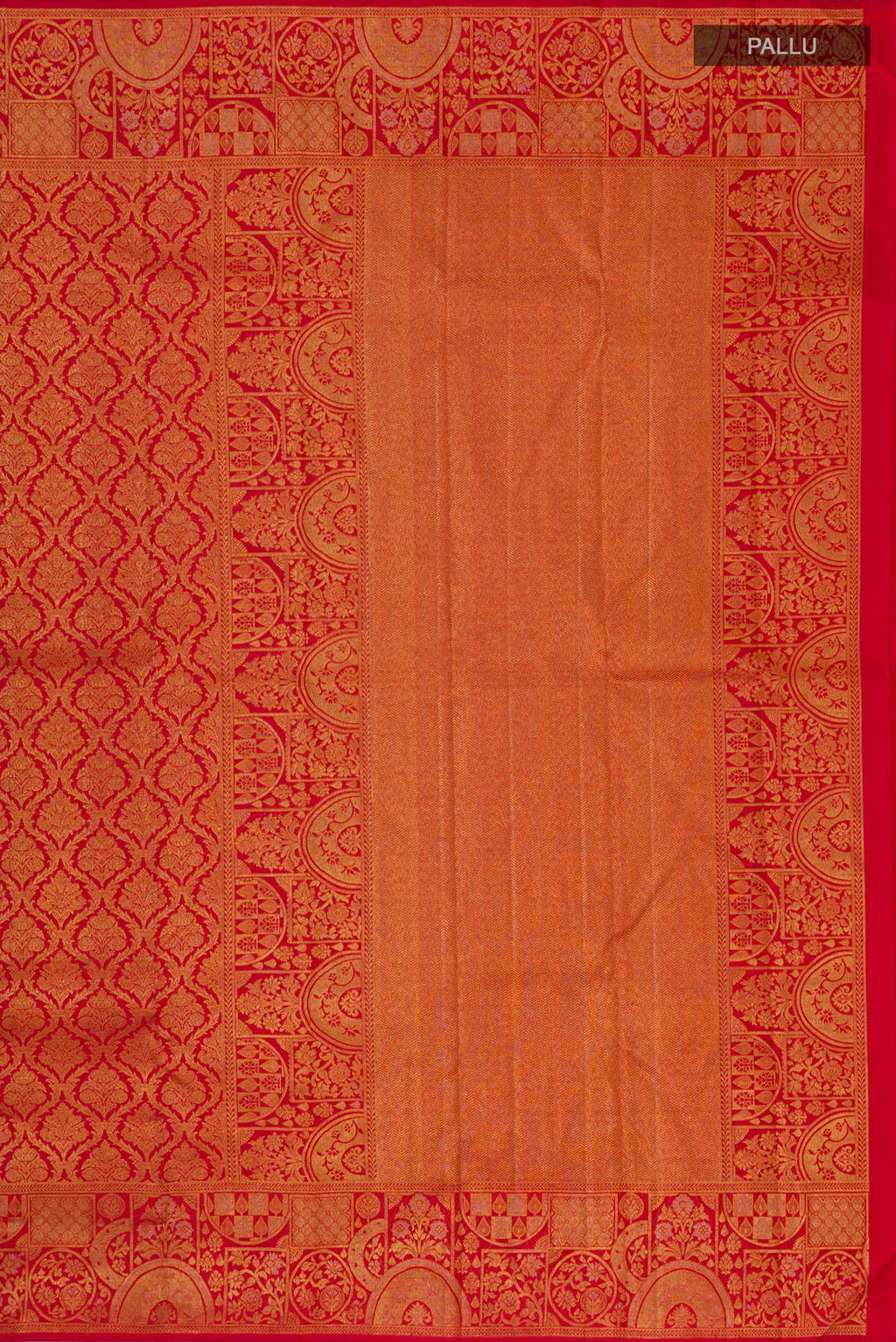 Close up image of the pallu of Red Kanjivaram Silk Saree with Zari Brocade on the body and Fancy Border. 