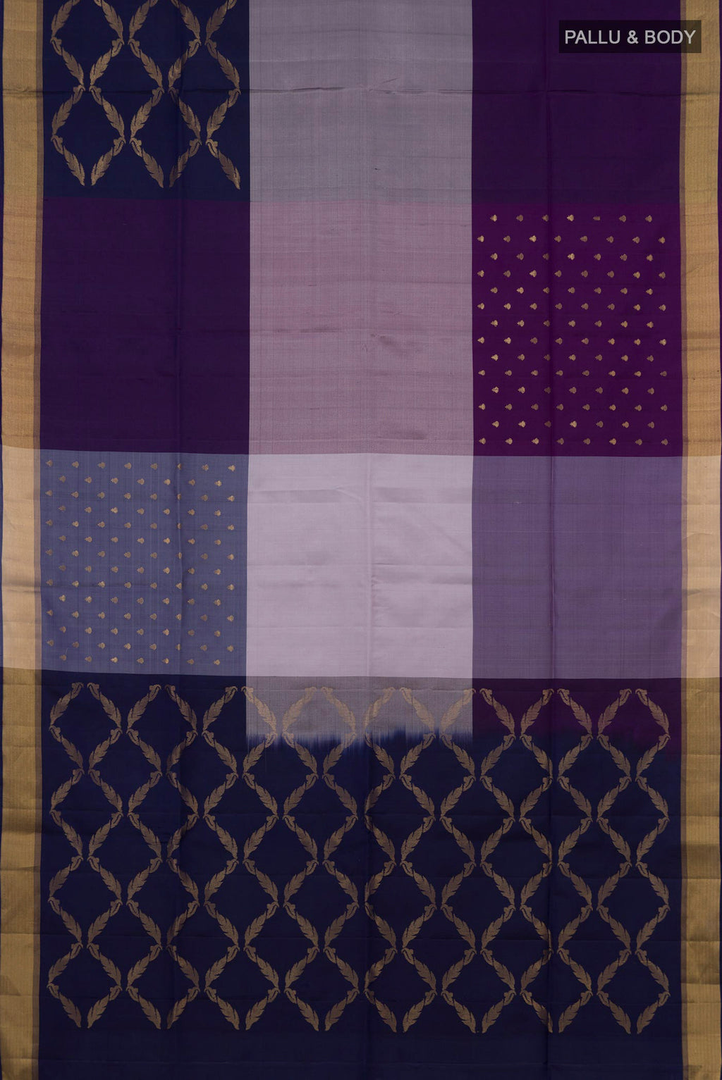 Flat view of Multi Color Soft Silk Saree with Zari Butta on the body and Zari Border. 