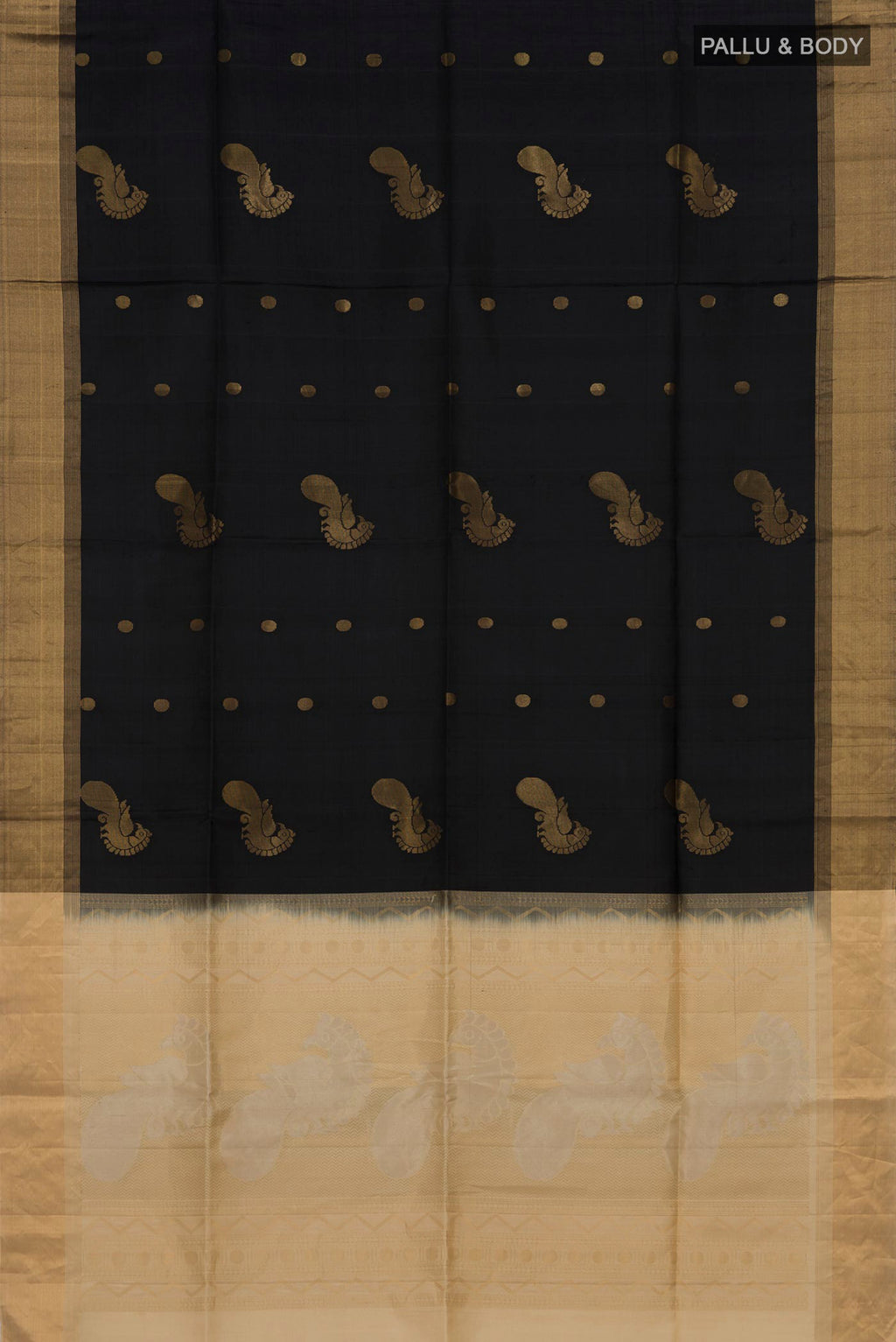 Flat view of Pure Silk Black Soft Saree with Zari Butta on the body and Zari Border. 