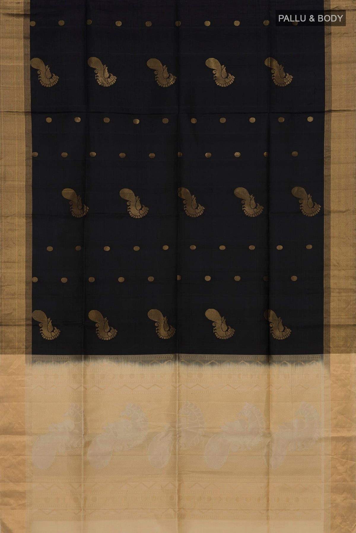 Flat view of Pure Silk Black Soft Saree with Zari Butta on the body and Zari Border. 