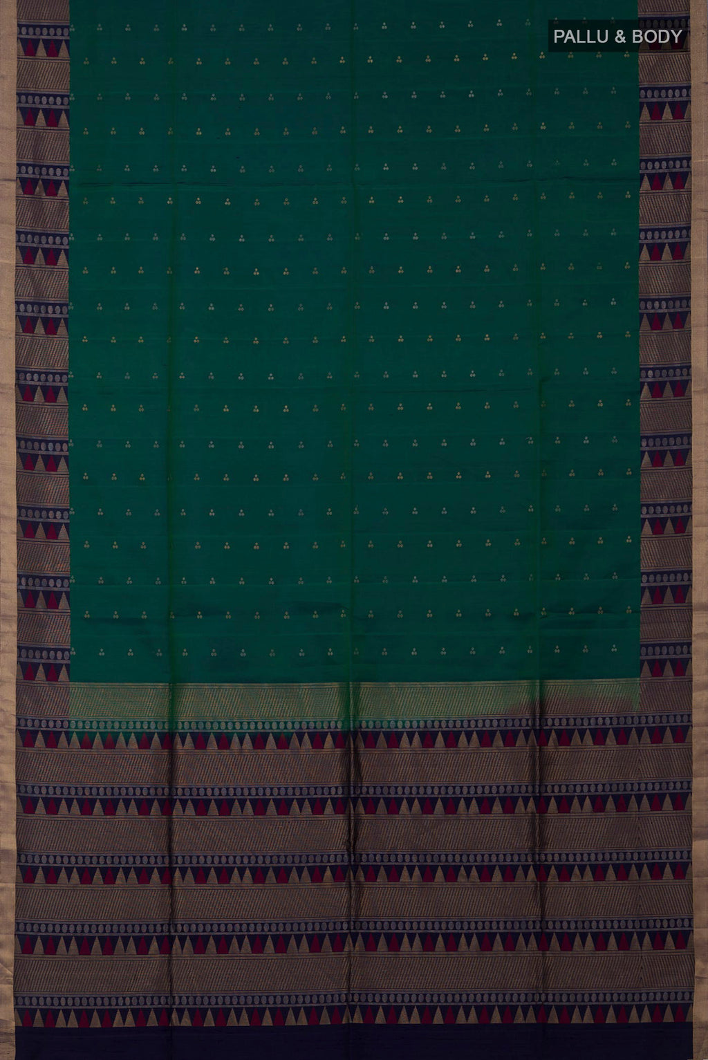 Flat view of Green Soft Silk Saree with Zari Butta on the body and Fancy Border. 