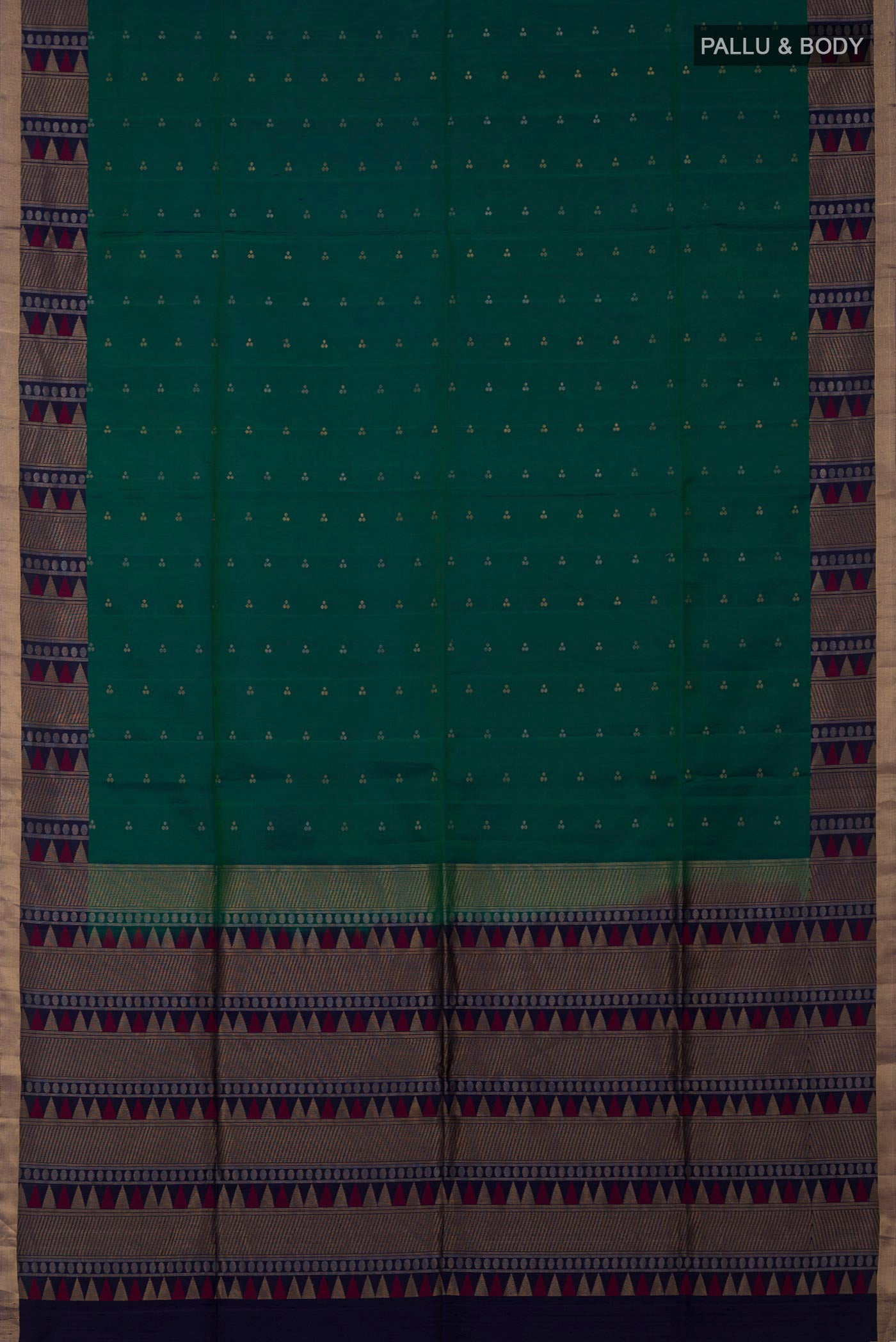 Flat view of Green Soft Silk Saree with Zari Butta on the body and Fancy Border. 