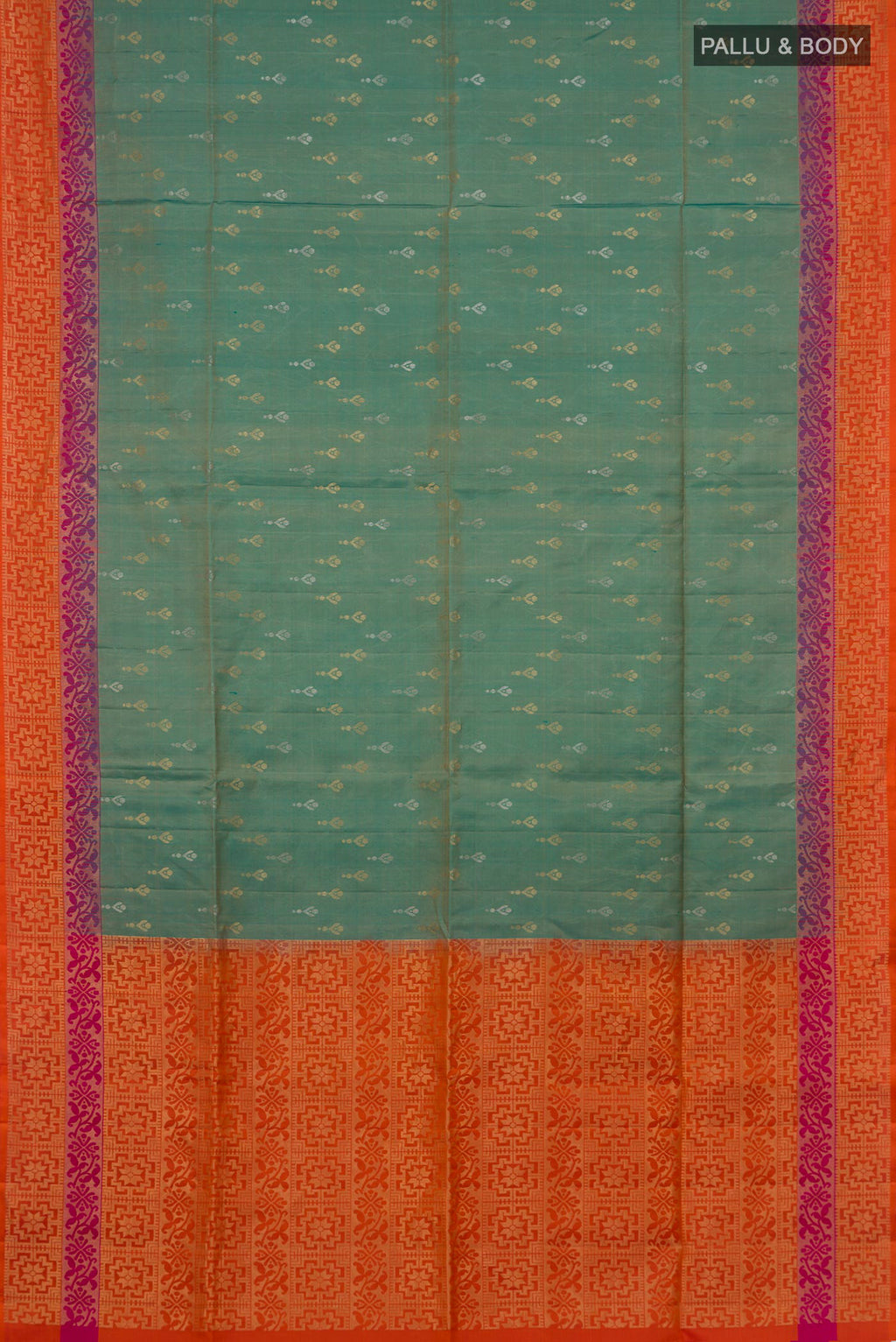 Flat view of Pure Silk Turquoise Soft Saree with Zari Butta on the body and Fancy Border. 