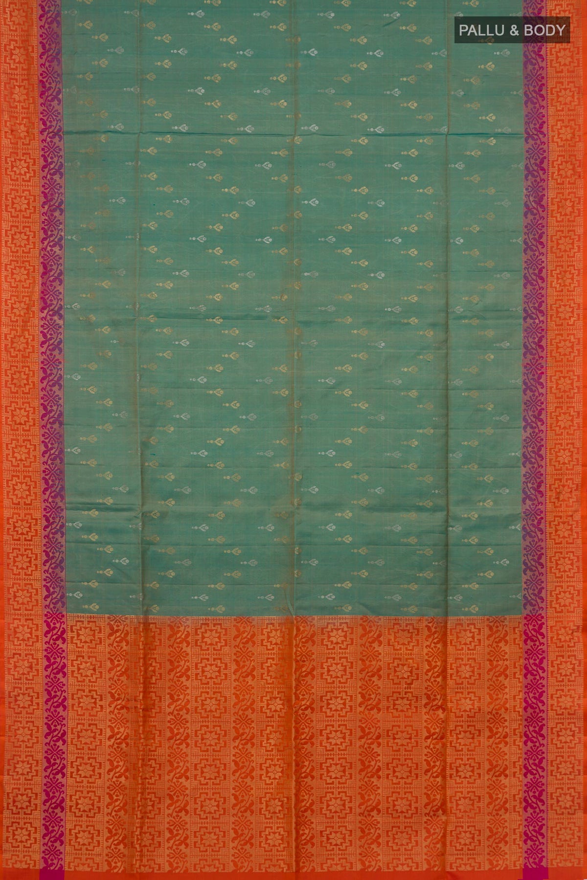 Flat view of Pure Silk Turquoise Soft Saree with Zari Butta on the body and Fancy Border. 