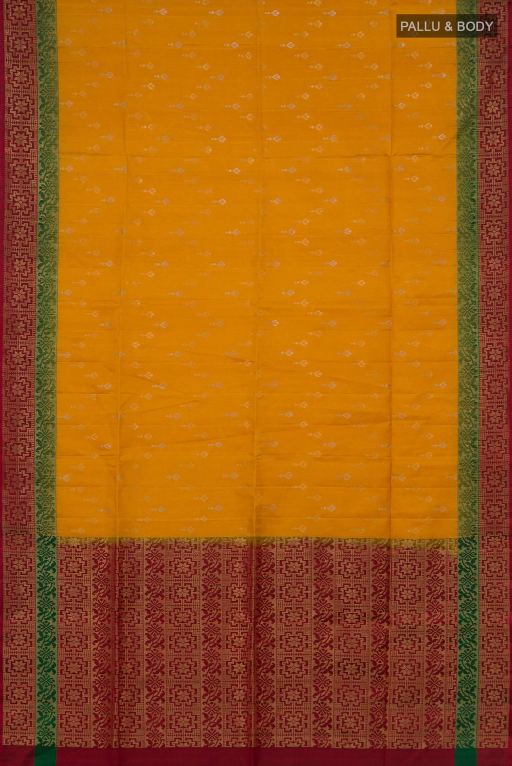 Flat view of Pure Silk Mustard Soft Saree with Zari Butta on the body and Zari Border. 