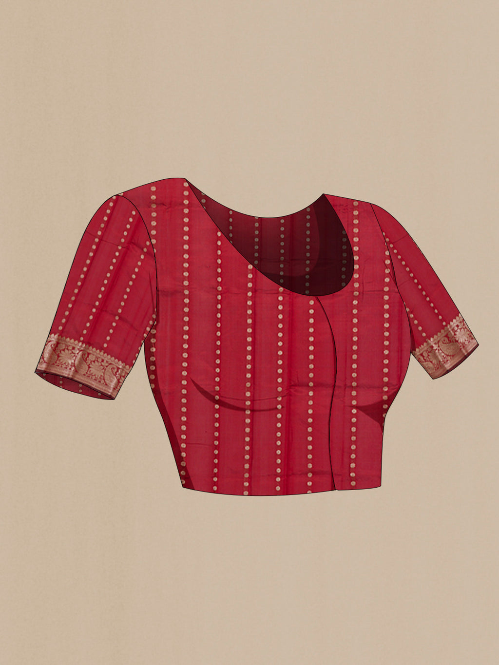 Close up image of the blouse of Maroon Banarasi Katan Silk Saree with Zari Butta on the body and Zari Border. 