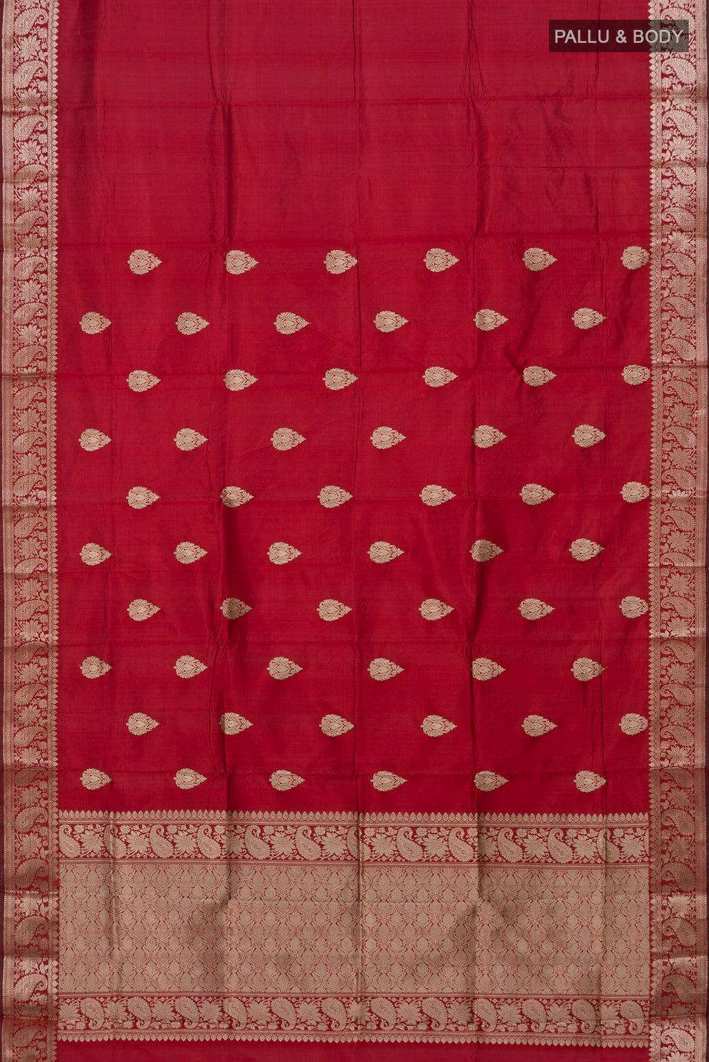 Flat view of Maroon Banarasi Katan Silk Saree with Zari Butta on the body and Zari Border. 