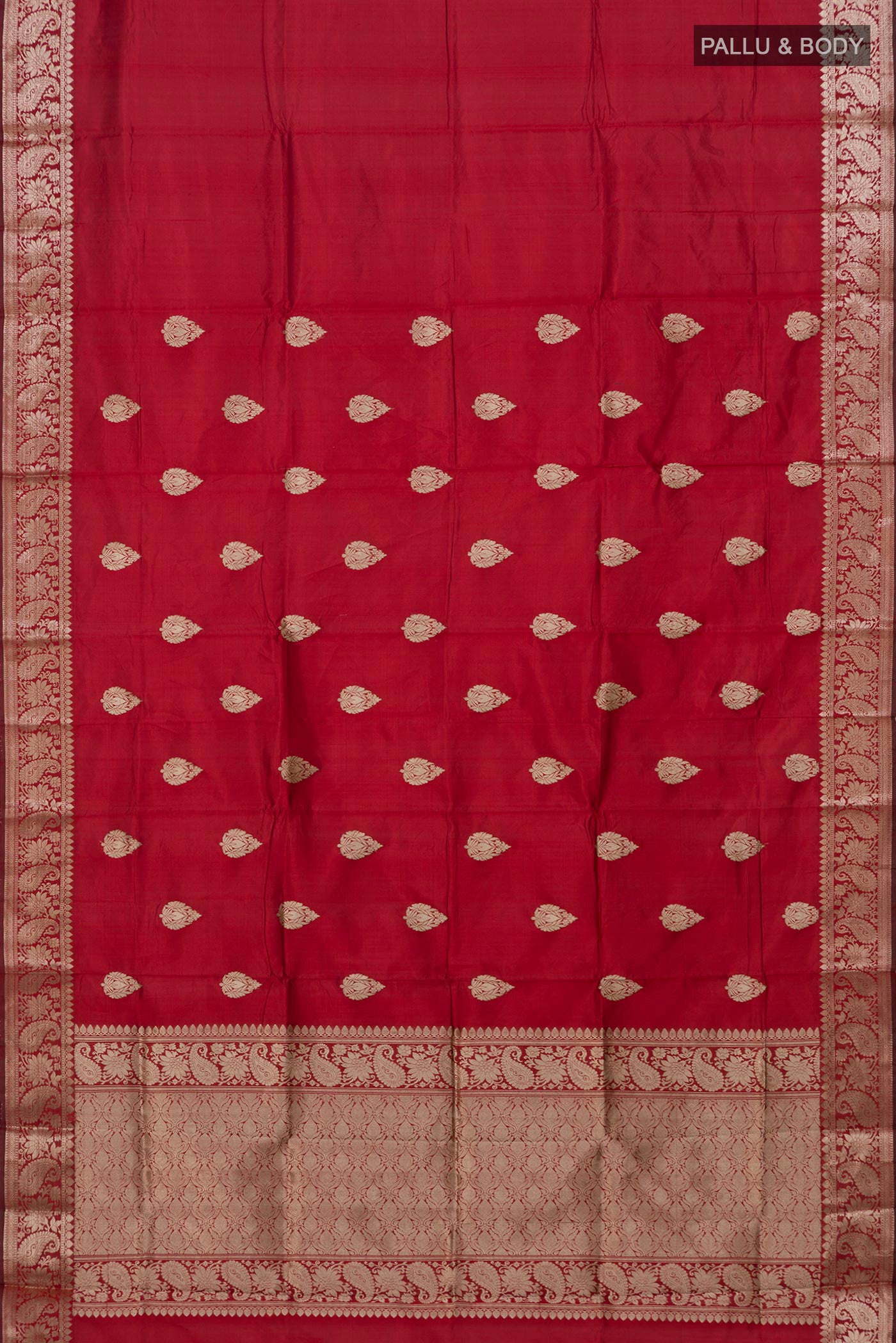 Flat view of Maroon Banarasi Katan Silk Saree with Zari Butta on the body and Zari Border. 