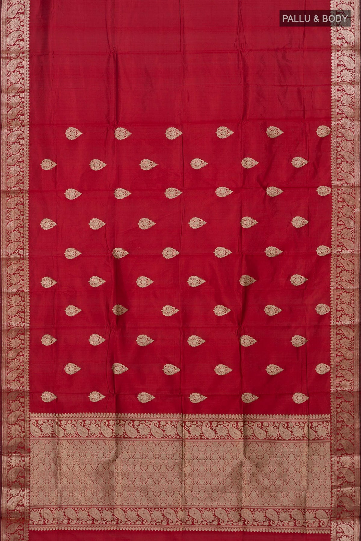 Flat view of Maroon Banarasi Katan Silk Saree with Zari Butta on the body and Zari Border. 