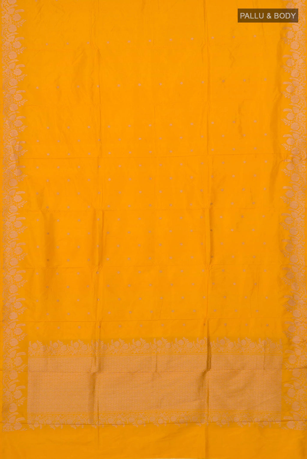Flat view of Yellow Banarasi Katan Silk Saree with Zari Butta on the body and Fancy Border. 