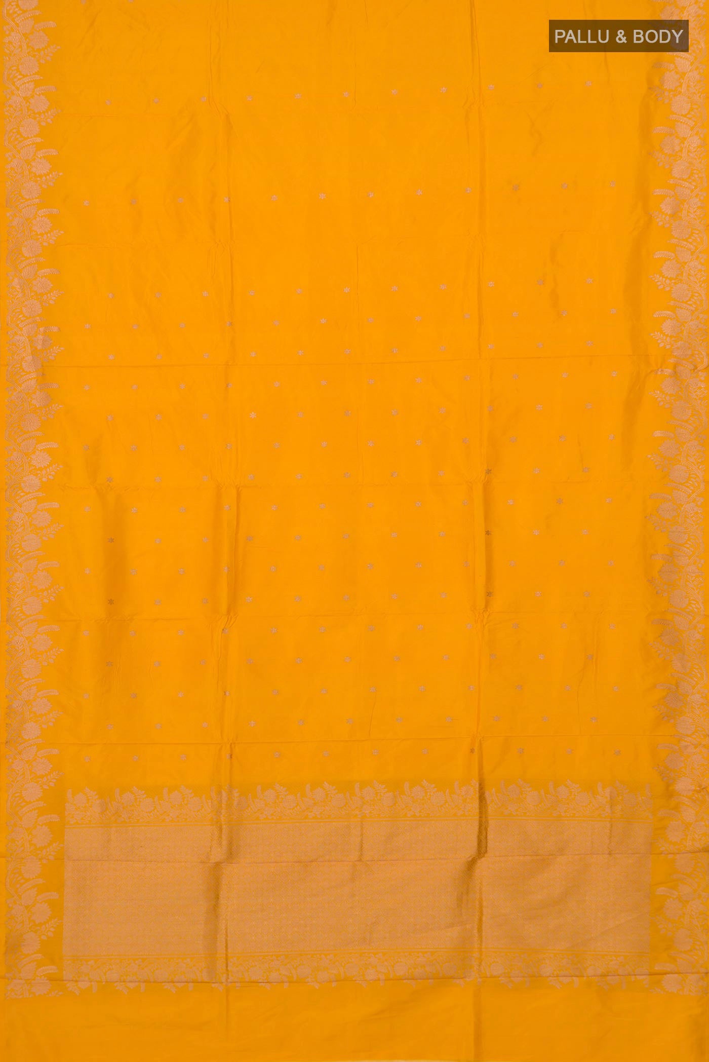 Flat view of Yellow Banarasi Katan Silk Saree with Zari Butta on the body and Fancy Border. 