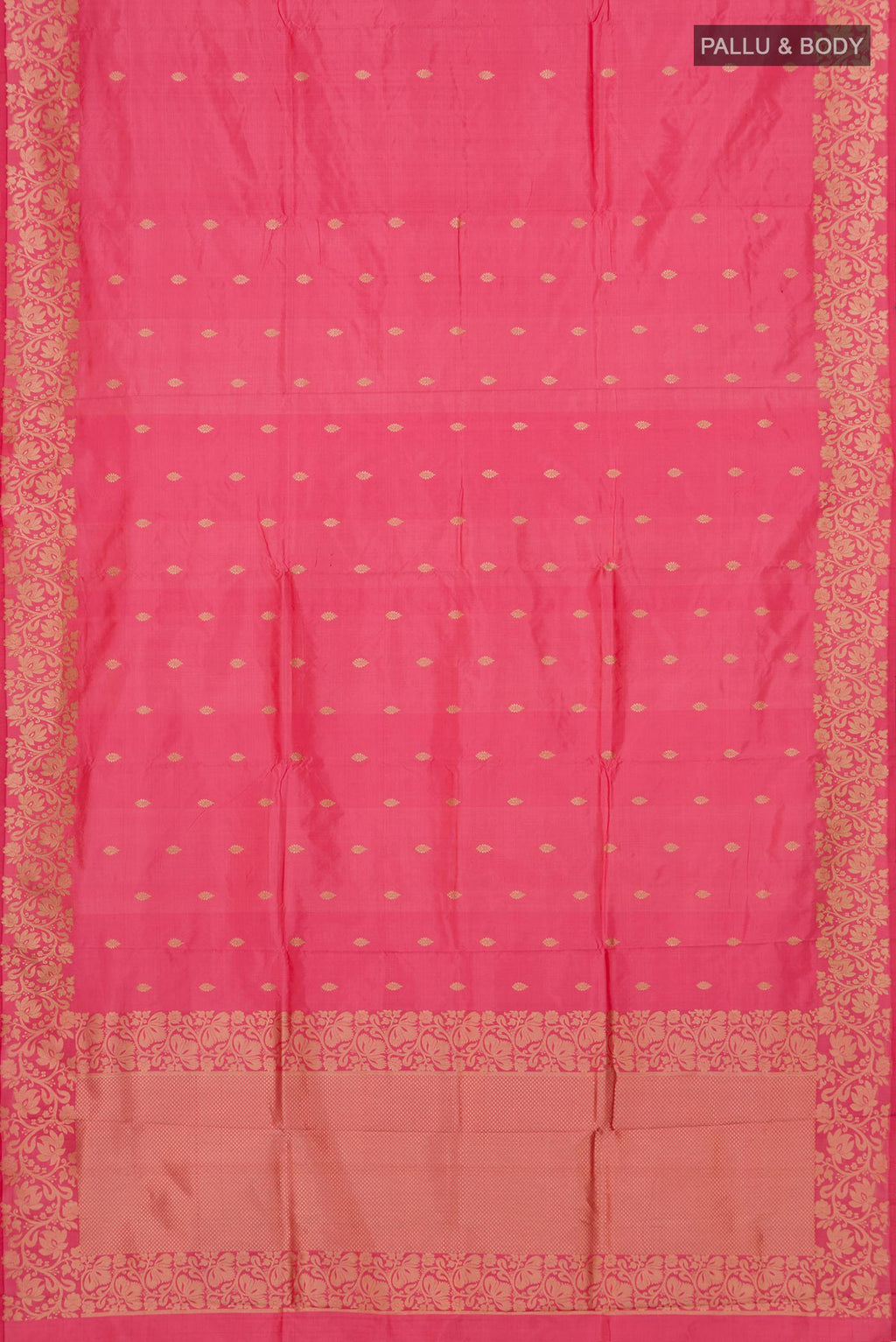Flat view of Pink Banarasi Katan Silk Saree with Zari Butta on the body and Fancy Border. 