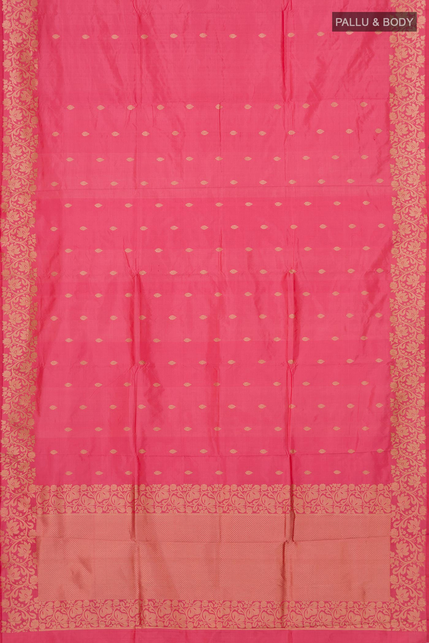 Flat view of Pink Banarasi Katan Silk Saree with Zari Butta on the body and Fancy Border. 