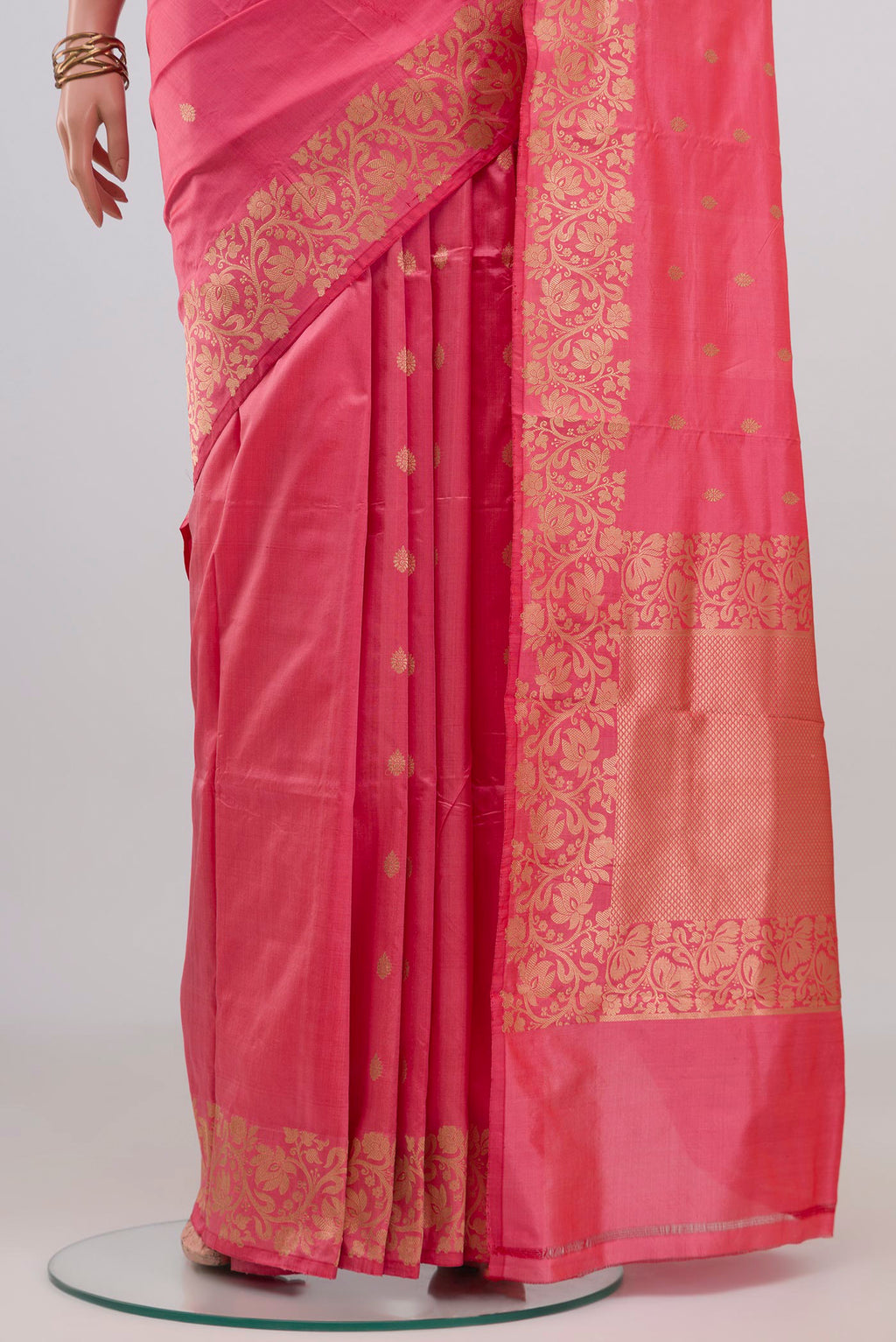Pleats and pallu of Pink Banarasi Katan Silk Saree with Zari Butta on the body and Fancy Border. 