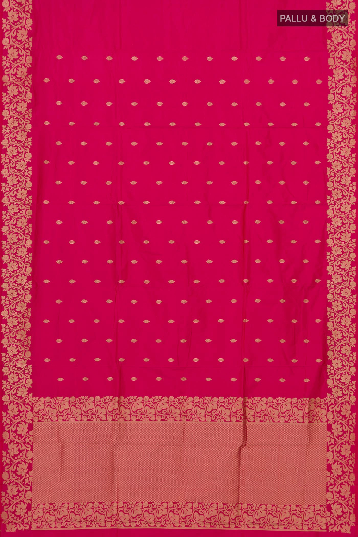Flat view of Pink Banarasi Katan Silk Saree with Zari Butta on the body and Fancy Border. 