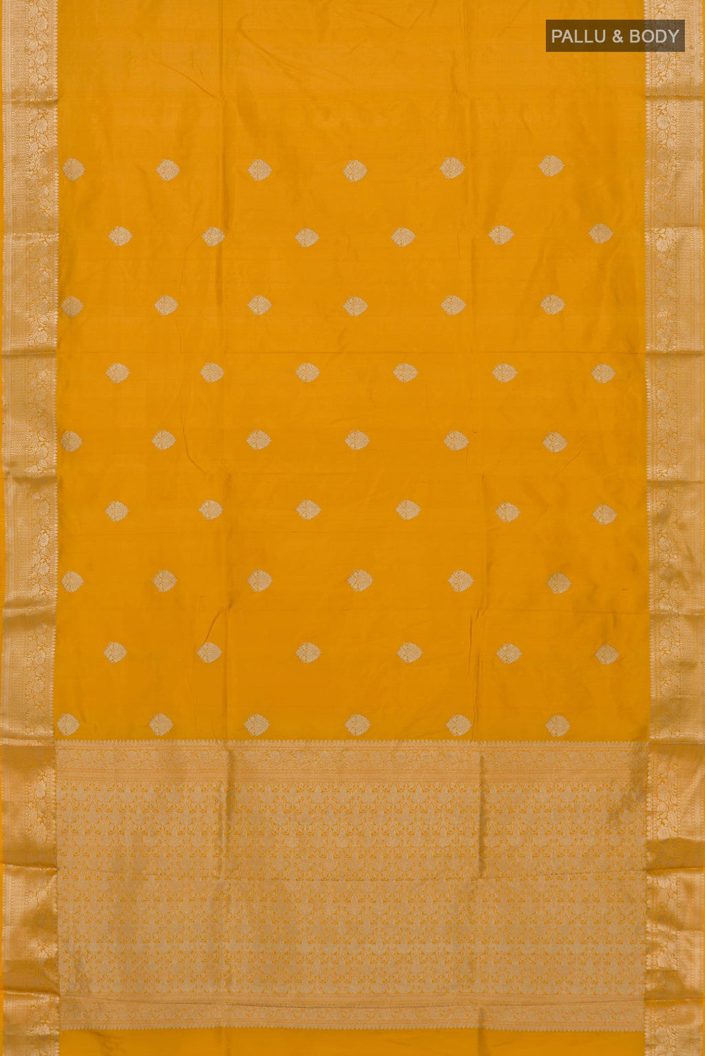 Flat view of Pure Silk Yellow Banarasi Katan Saree with Zari Butta on the body and Zari Border. 
