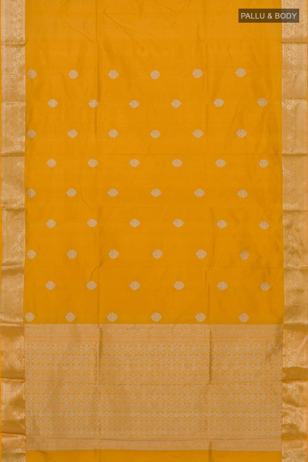 Flat view of Pure Silk Yellow Banarasi Katan Saree with Zari Butta on the body and Zari Border. 