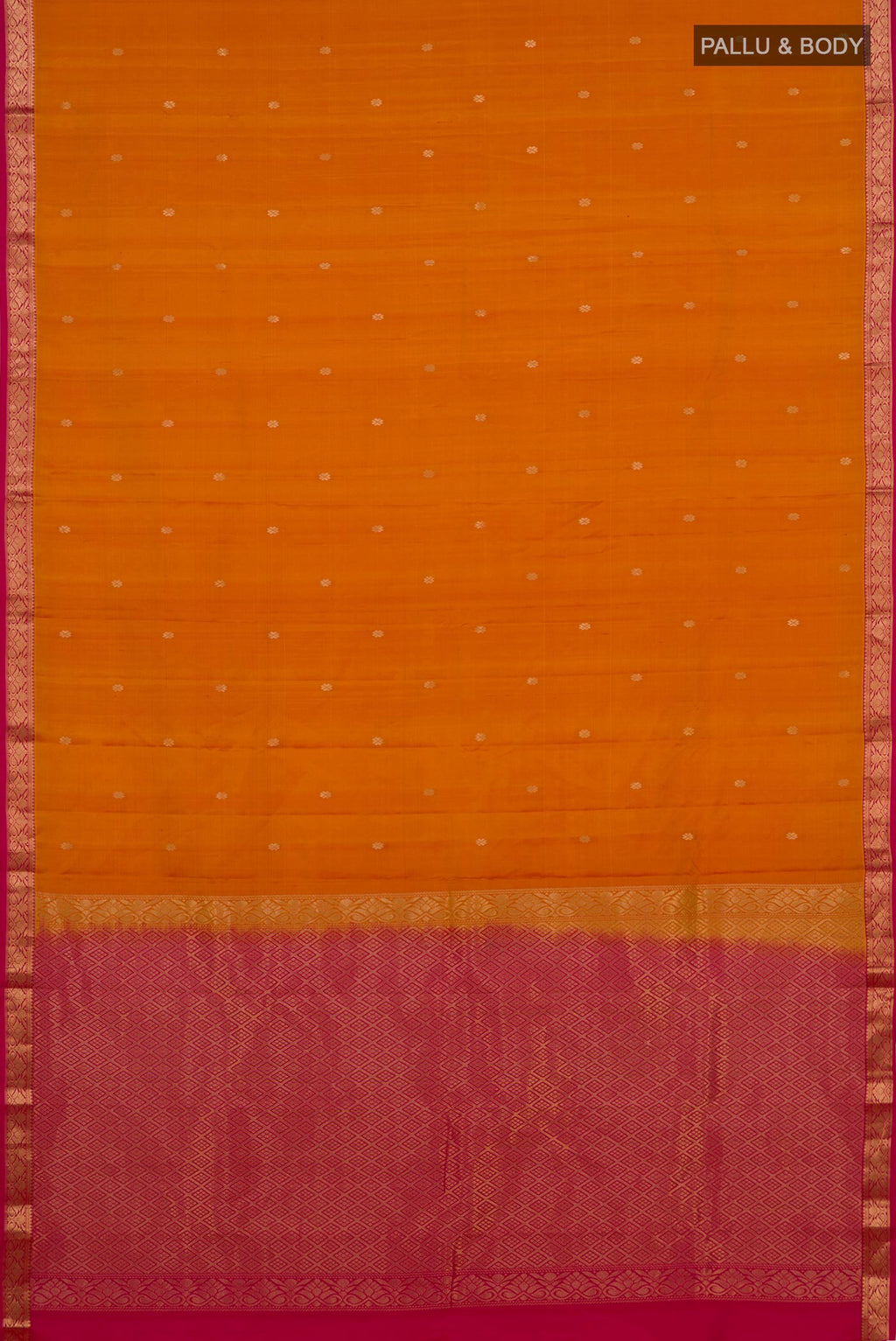 Flat view of Mustard Kanchipuram Silk Saree with Zari Butta on the body and Zari Border. 