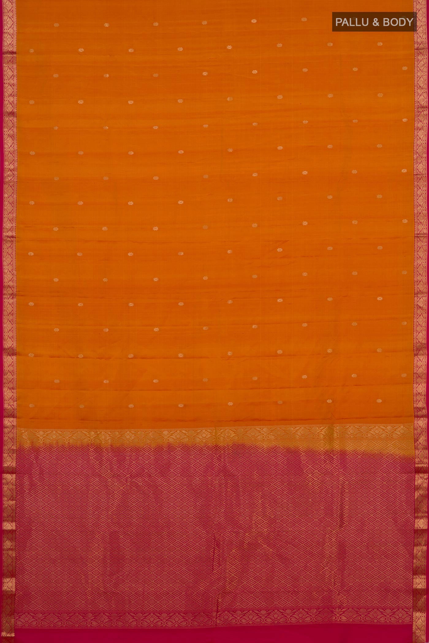 Flat view of Mustard Kanchipuram Silk Saree with Zari Butta on the body and Zari Border. 