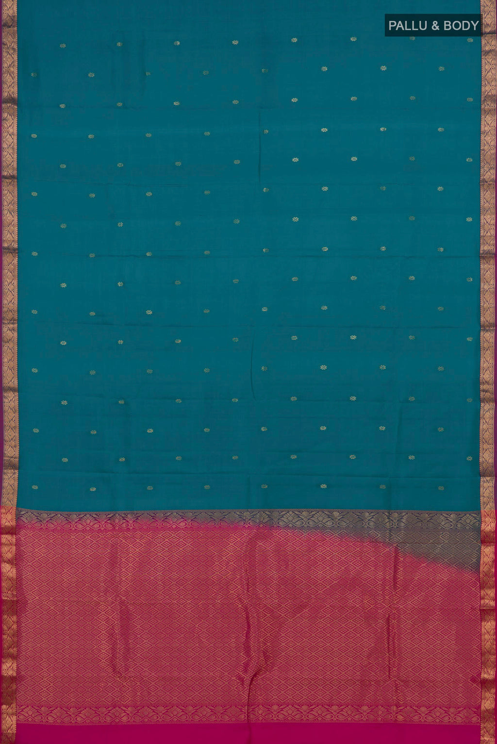 Flat view of Pure Silk Teal Kanchipuram Saree with Zari Butta on the body and Zari Border. 