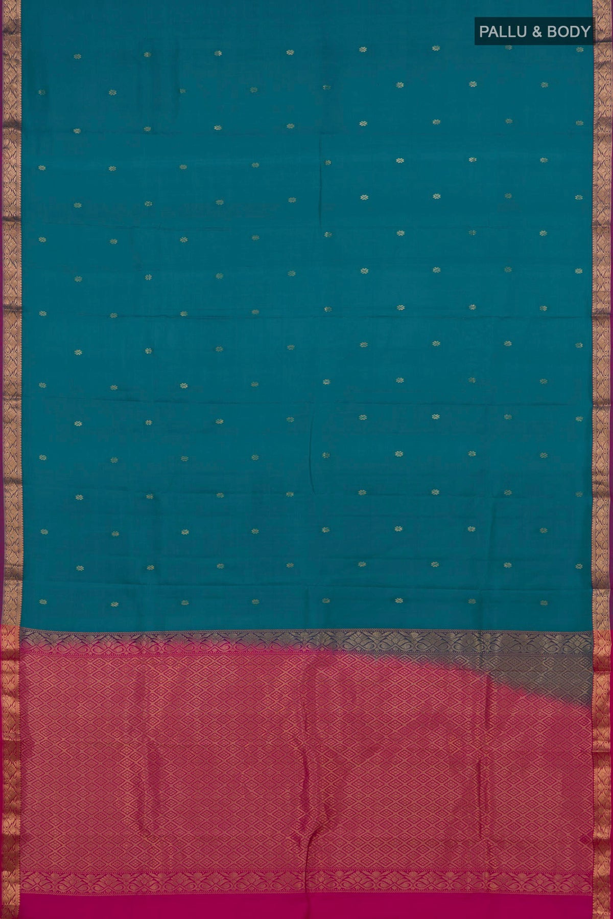 Flat view of Pure Silk Teal Kanchipuram Saree with Zari Butta on the body and Zari Border. 