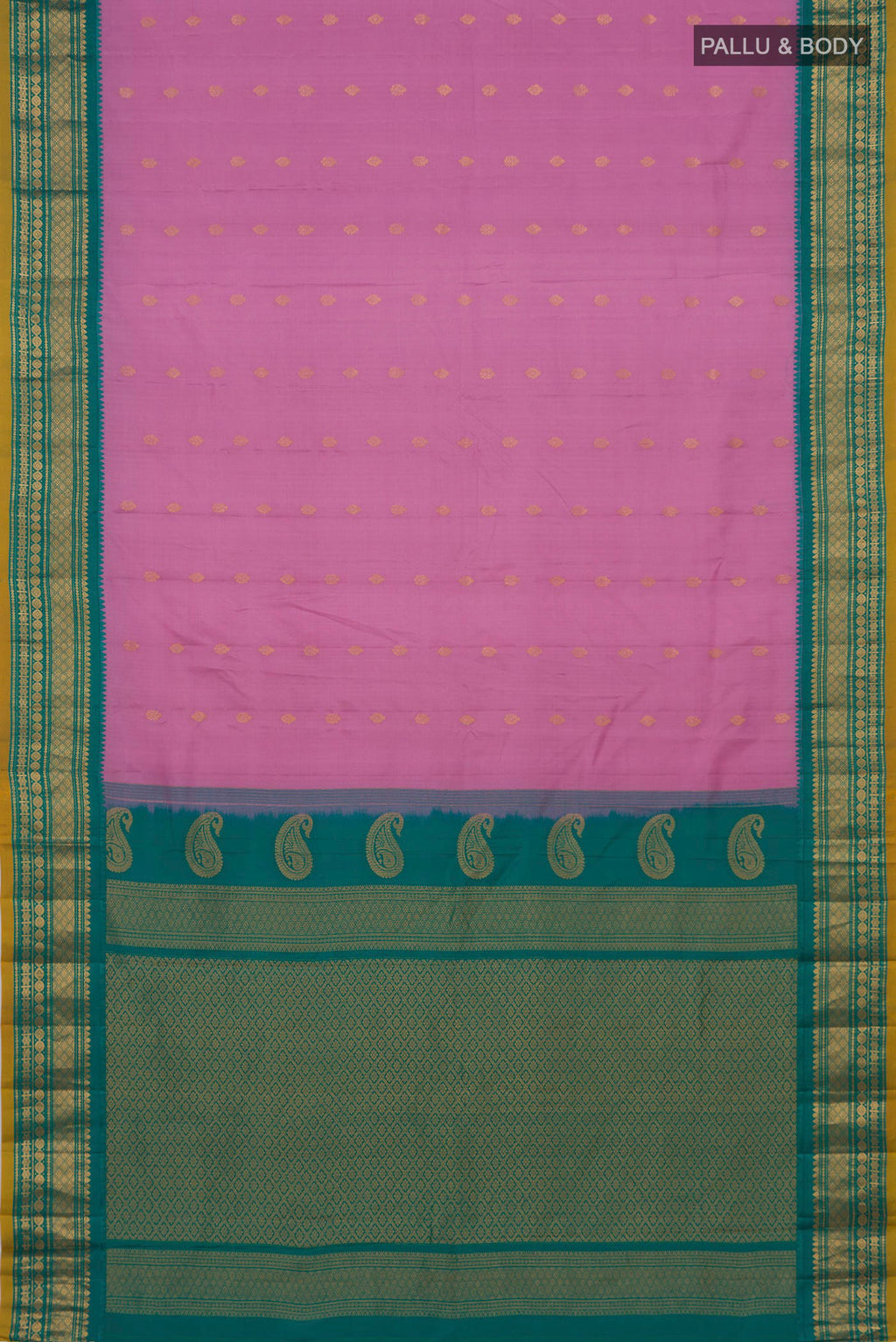 Flat view of Pink Gadwal Silk Saree with Zari Butta on the body and Zari Border. 