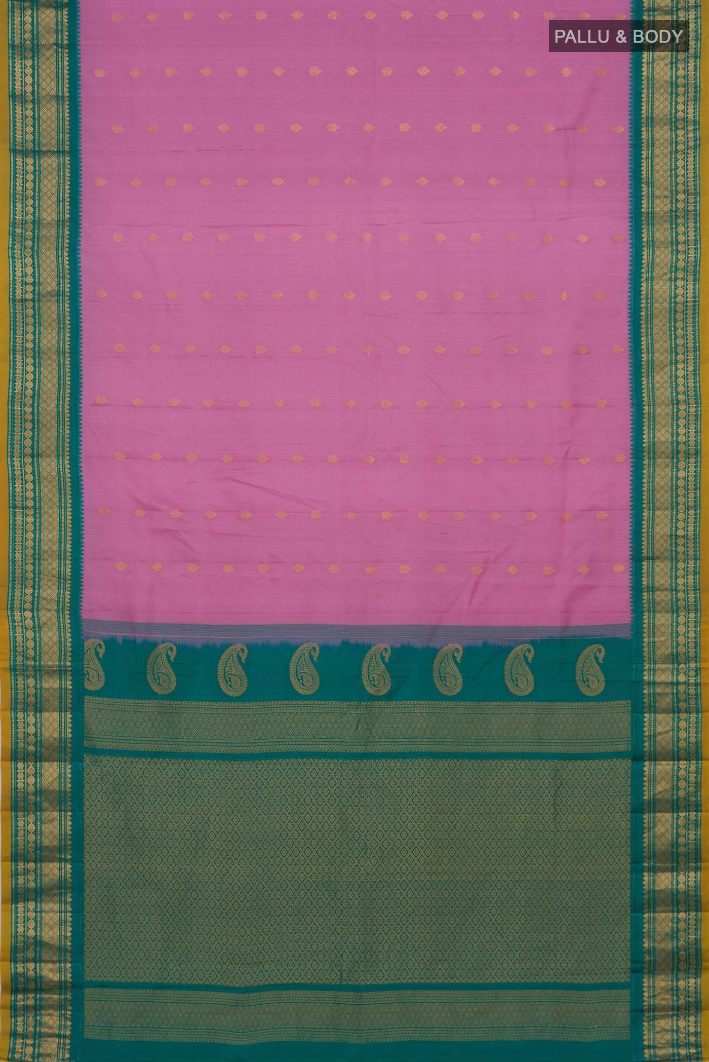 Flat view of Pink Gadwal Silk Saree with Zari Butta on the body and Zari Border. 