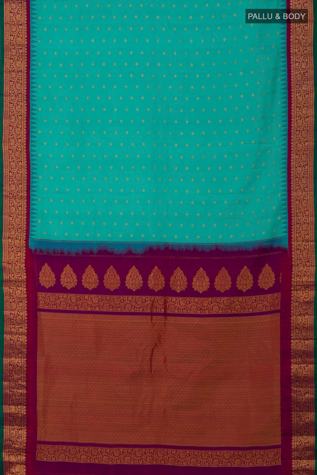 Flat view of Blue Gadwal Silk Saree with Zari Butta on the body and Zari Border. 