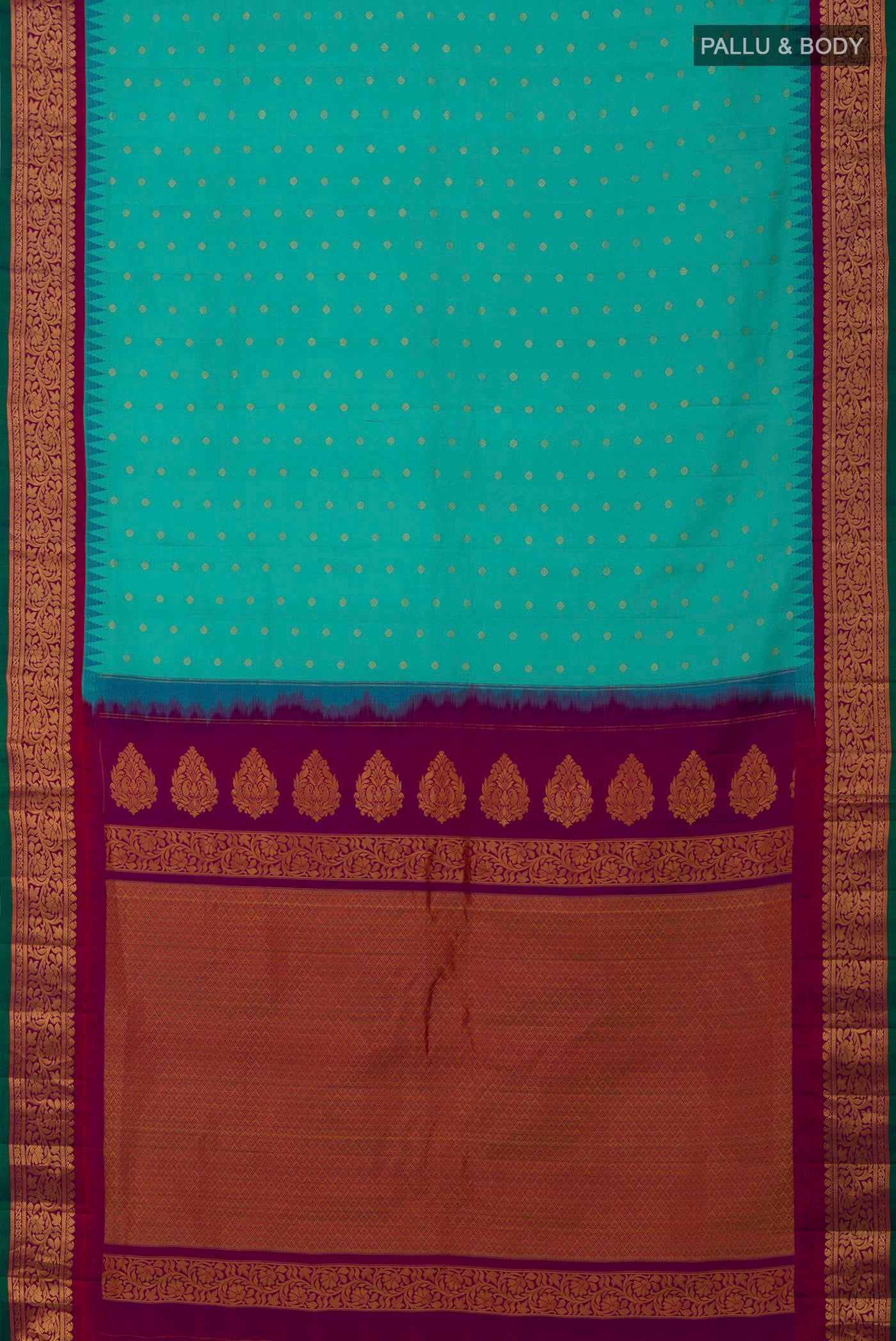 Flat view of Blue Gadwal Silk Saree with Zari Butta on the body and Zari Border. 