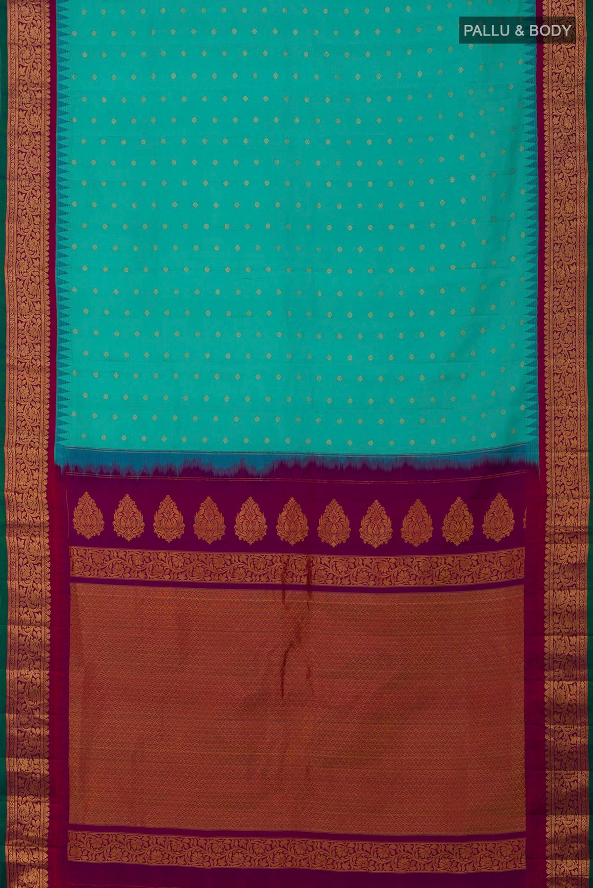 Flat view of Blue Gadwal Silk Saree with Zari Butta on the body and Zari Border. 