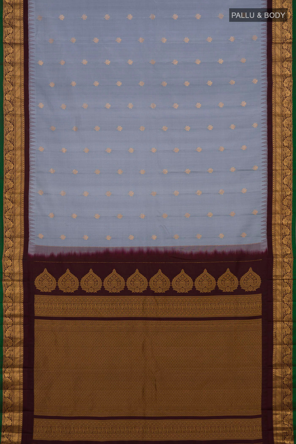 Flat view of Blue Grey Gadwal Silk Saree with Zari Butta on the body and Zari Border. 