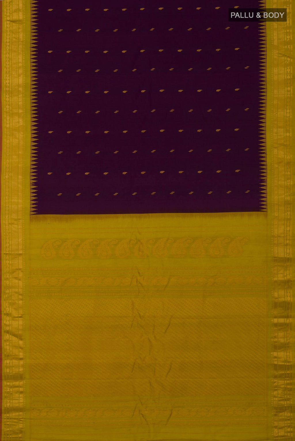 Flat view of Purple Gadwal Silk Saree with Zari Butta on the body and Zari Border. 