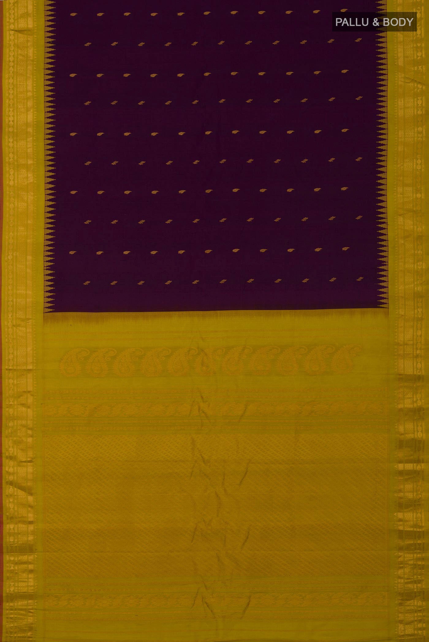Flat view of Purple Gadwal Silk Saree with Zari Butta on the body and Zari Border. 