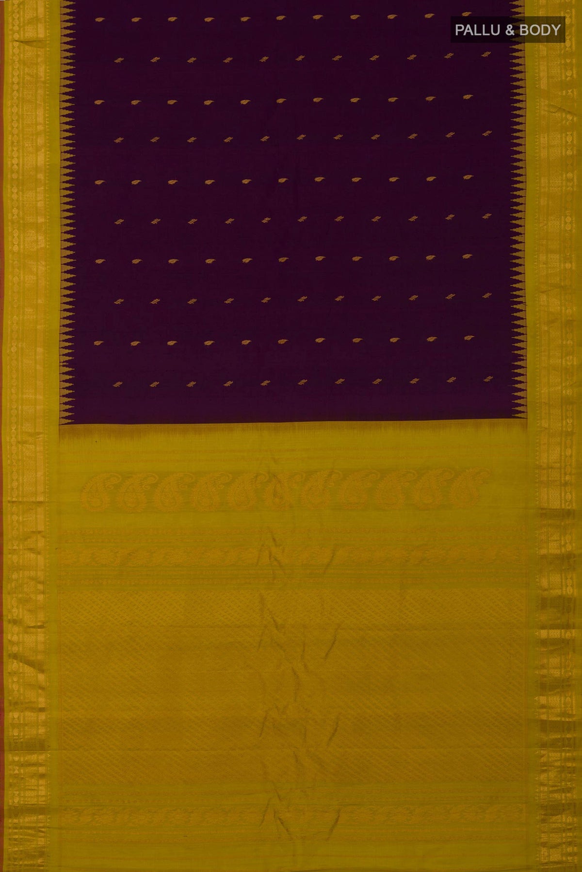 Flat view of Purple Gadwal Silk Saree with Zari Butta on the body and Zari Border. 