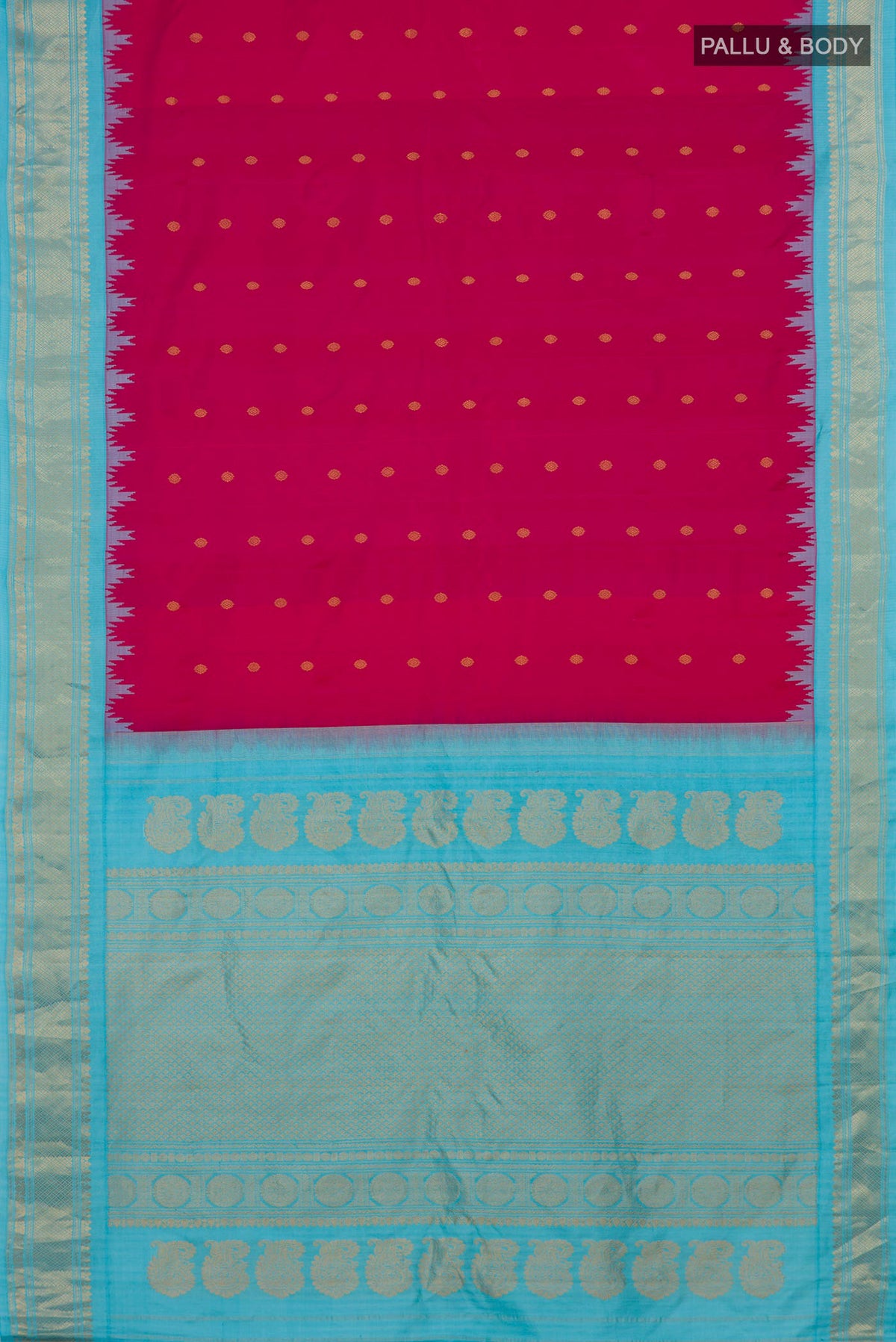 Flat view of Pure Silk Pink Gadwal Saree with Zari Butta on the body and Zari Border. 